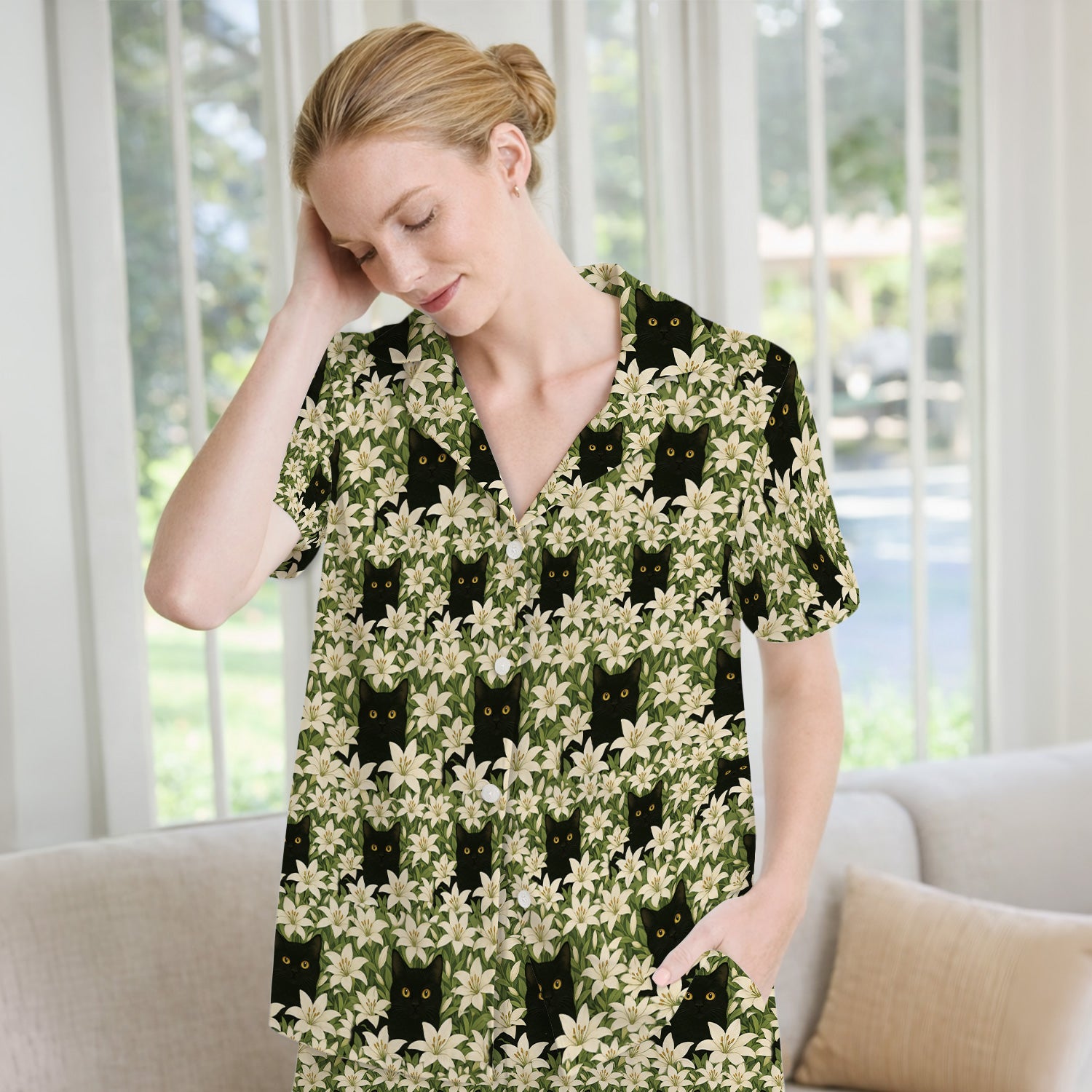 Black Cat Hidden In Lily Garden Pattern Pajama Set,  Breathable Fabrics Uniform