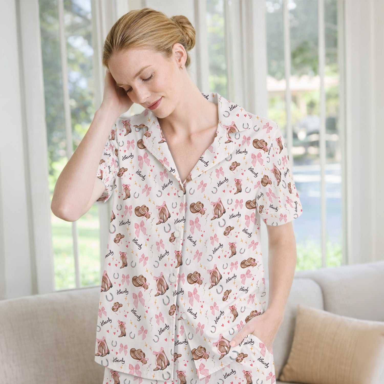 Cute Pink Cowgirl Boots Pattern Pajama Set, Soft Breathable Fabric Comfortable Sleepwear