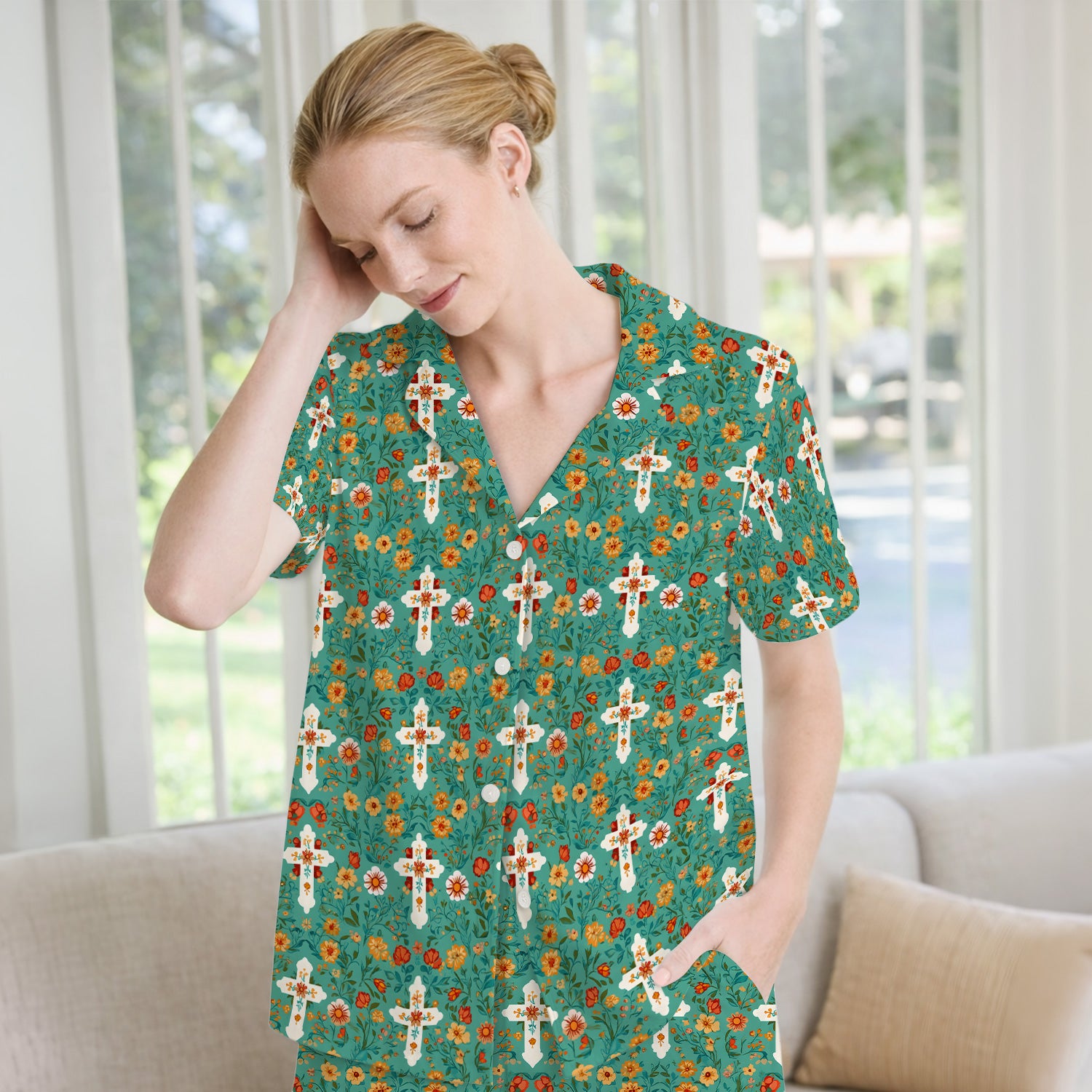Christian Faith Floral Cross Pattern Pajama Set, Soft Breathable Fabric Comfortable Sleepwear