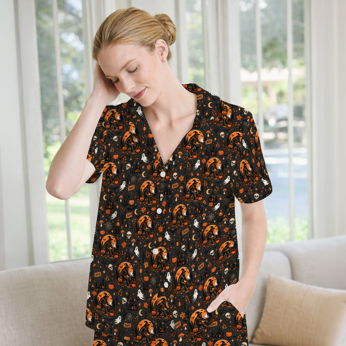 Halloween Bigfoot Ghost with Pumpkin Pajama Set, Soft Breathable Fabric Comfortable Sleepwear