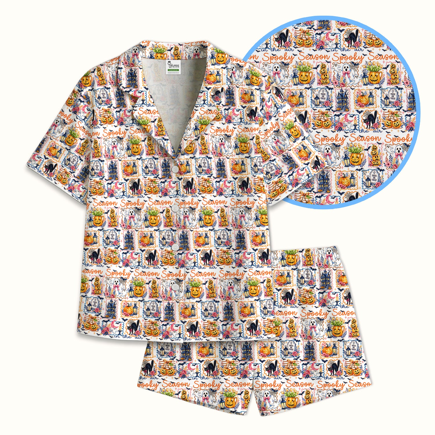 Spooky Halloween Pumpkin Ghost Pattern Pajama Set, Soft Breathable Fabric Comfortable Sleepwear