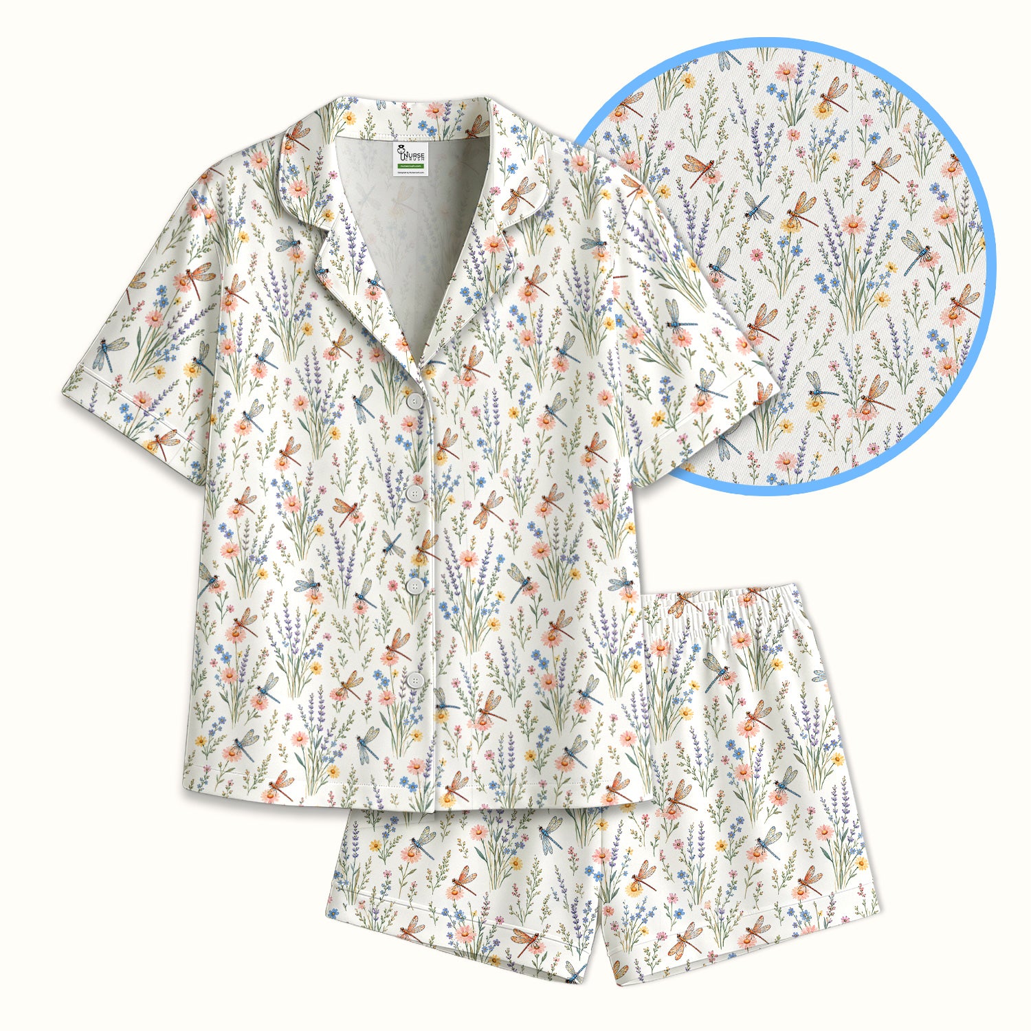 Dragonfly Wildflower Meadow Pattern Pajama Set, Soft Breathable Fabric Comfortable Sleepwear
