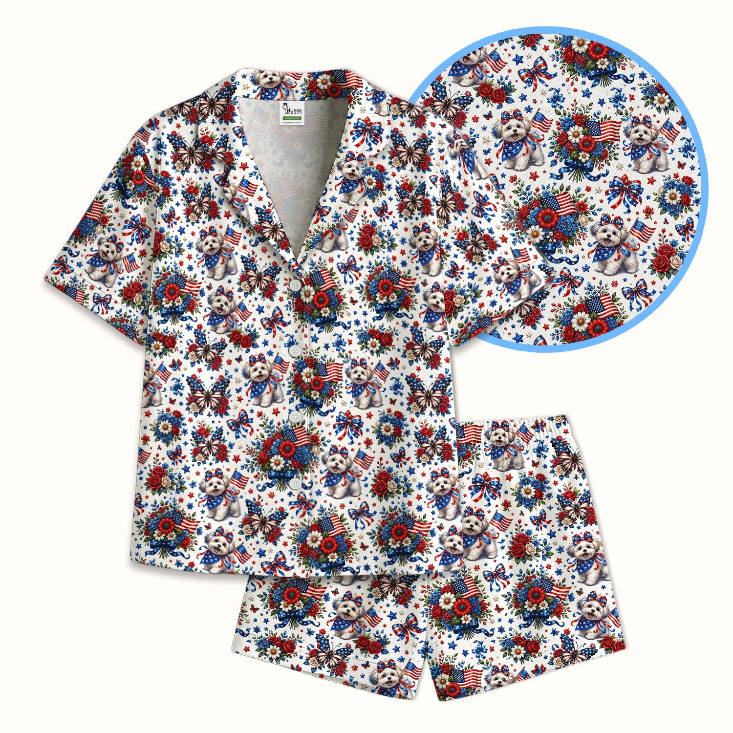 Patriotic Puppy Floral Bouquet Pattern Pajama Set, Soft Breathable Fabric Comfortable Sleepwear
