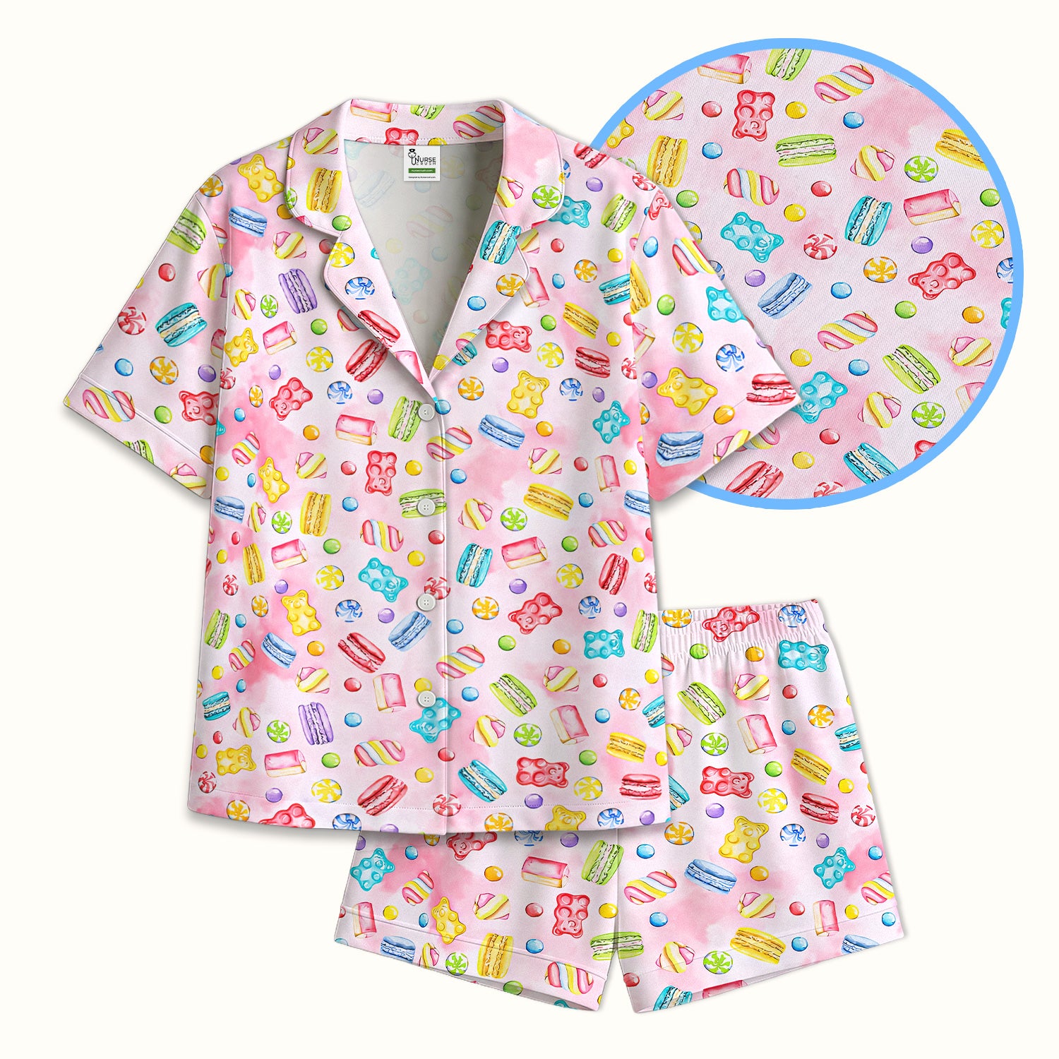 Cute Candy and Macaron Pattern Pajama Set,  Breathable Fabrics Uniform