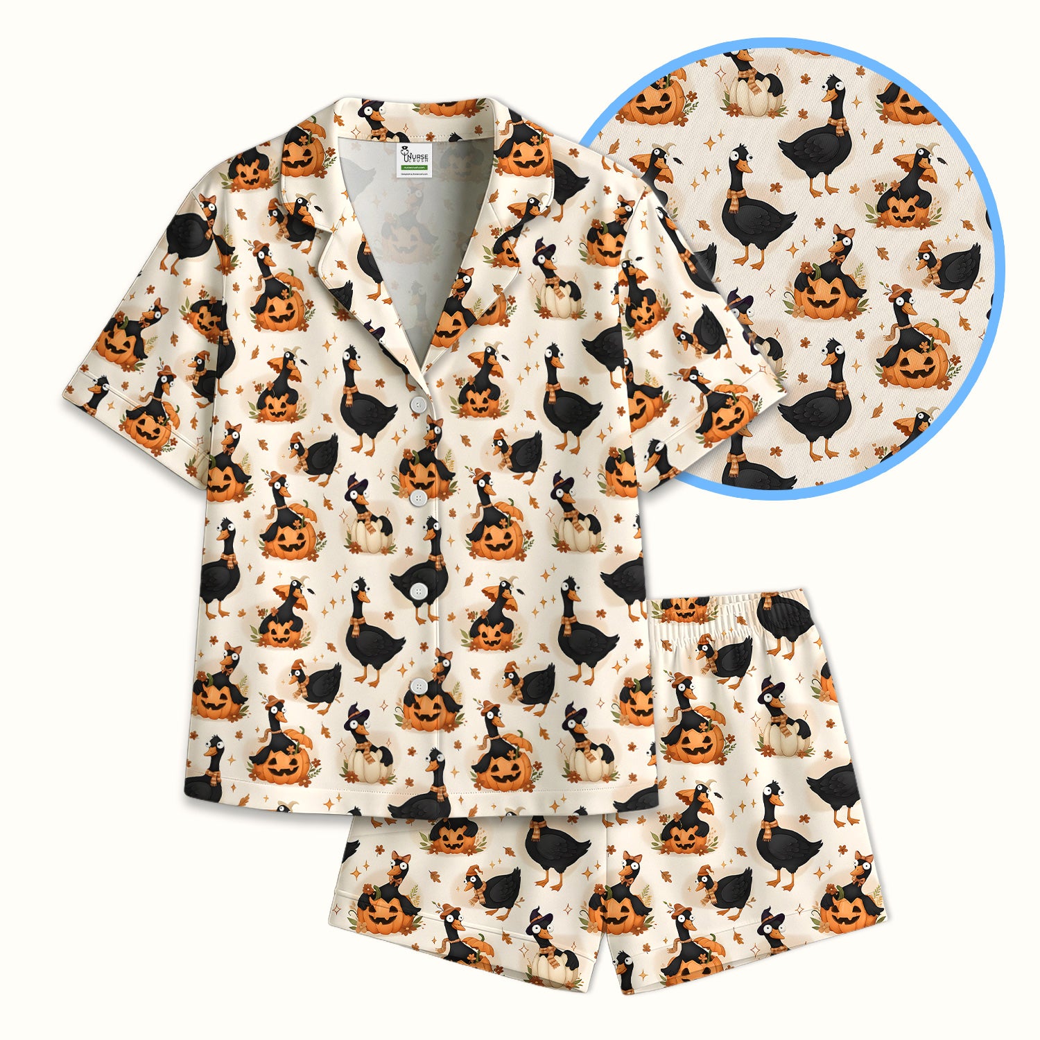 Pumpkin Black Goose Print Pajama Set, Soft Breathable Fabric Comfortable Sleepwear