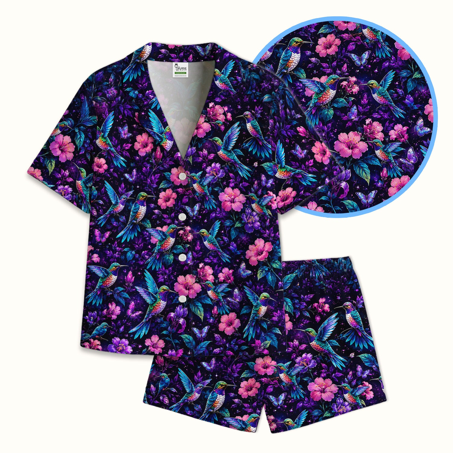 Vibrant Hummingbird Hibiscus Blossom Pattern Pajama Set, Soft Breathable Fabric Comfortable Sleepwear