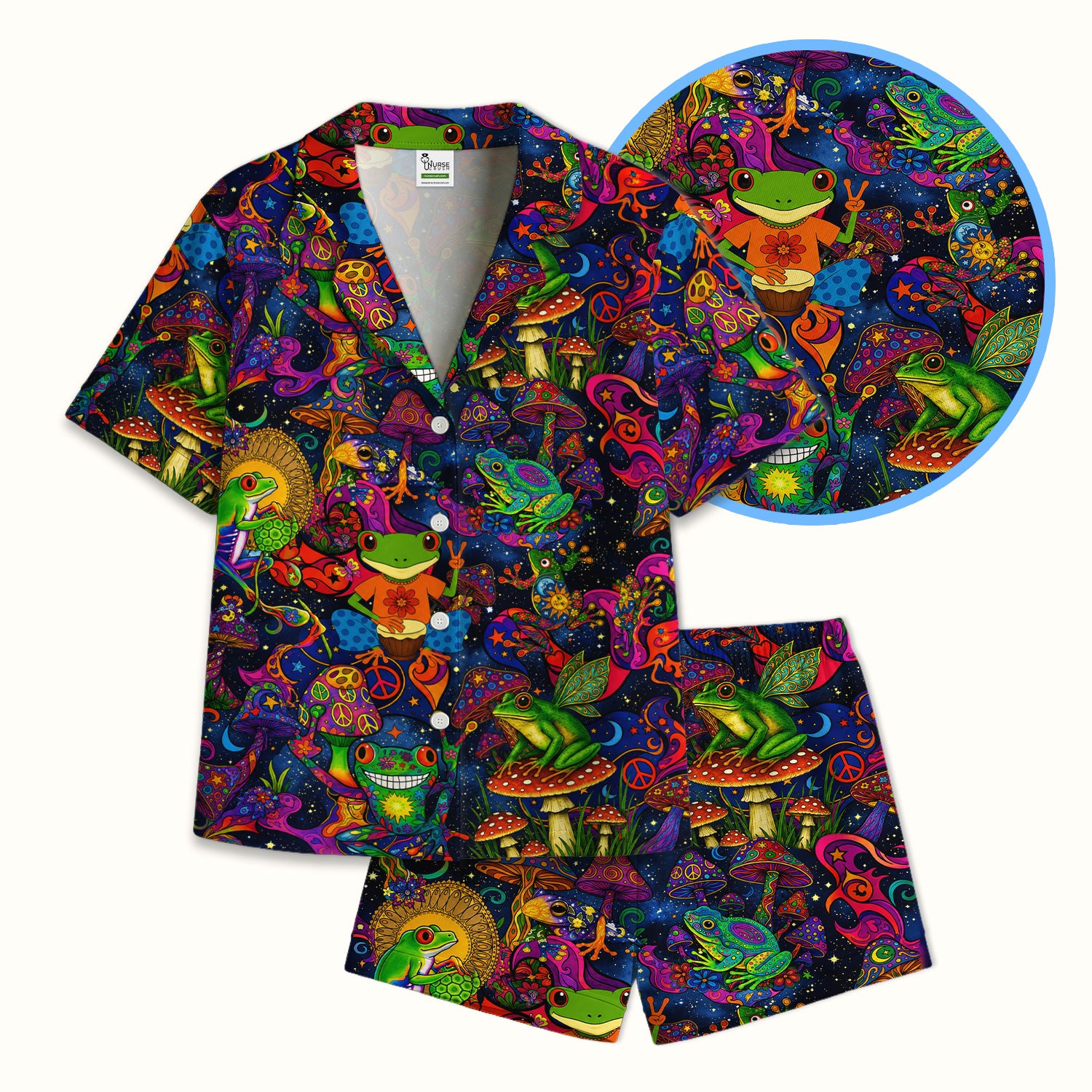 Psychedelic Frog with Mushroom Peace Print Pajama Set, Soft Breathable Fabric Comfortable Sleepwear