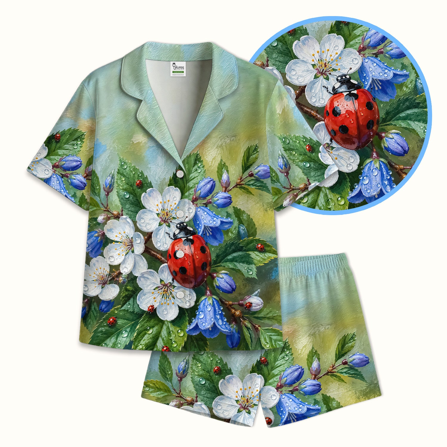 Cute Ladybug Blossom Garden Pattern Pajama Set, Soft Breathable Fabric Comfortable Sleepwear