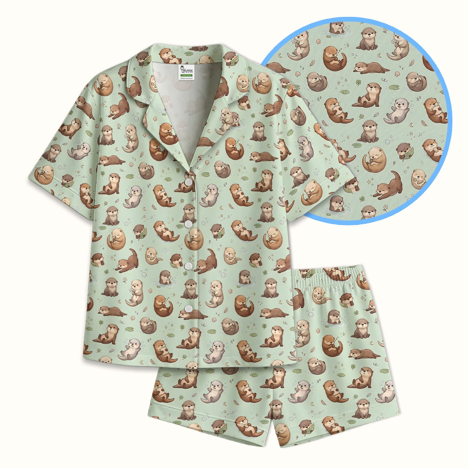 Cute Otter Pattern Pajama Set, Soft Breathable Fabric Comfortable Sleepwear