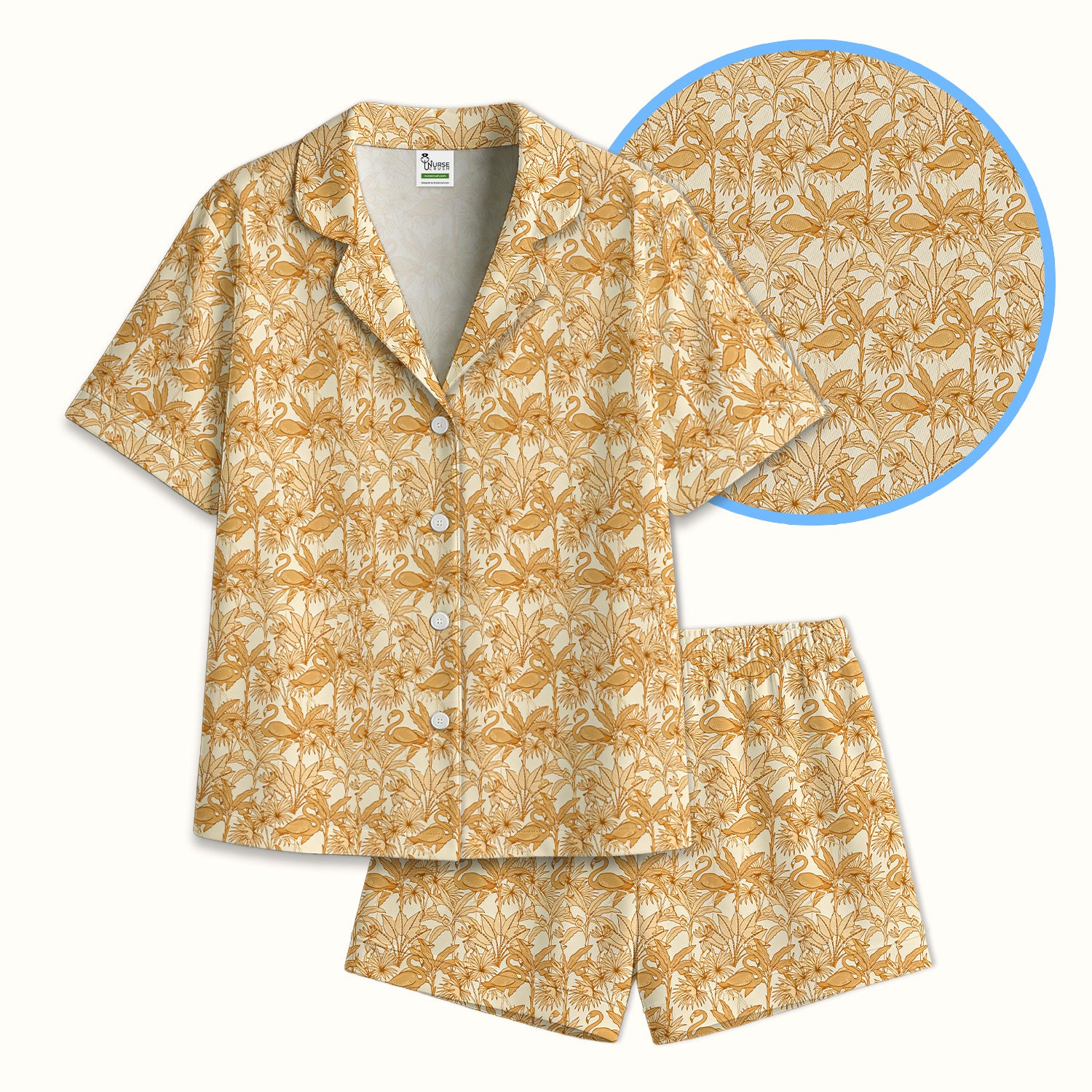Tropical Flamingo Palm Leaves Pattern Pajama Set, Breathable Fabrics Uniform