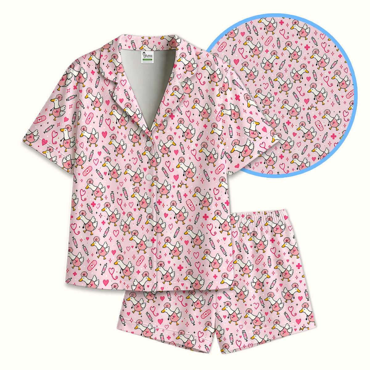 Pink Nurse Goose And Hearts Pajama Set, Soft Breathable Fabric Comfortable Sleepwear