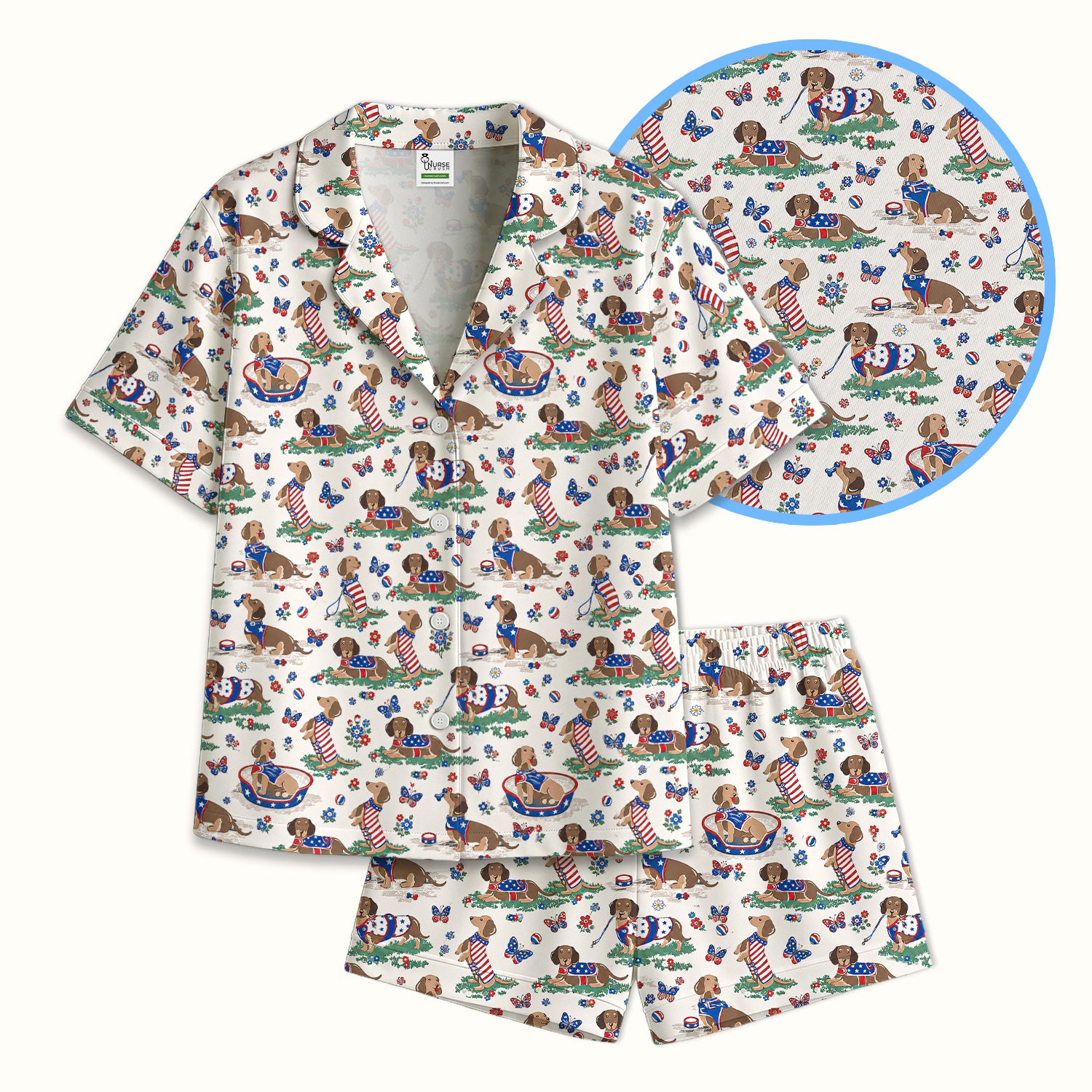 Patriotic Dachshund Garden Party Pattern Pajama Set, Soft Breathable Fabric Comfortable Sleepwear