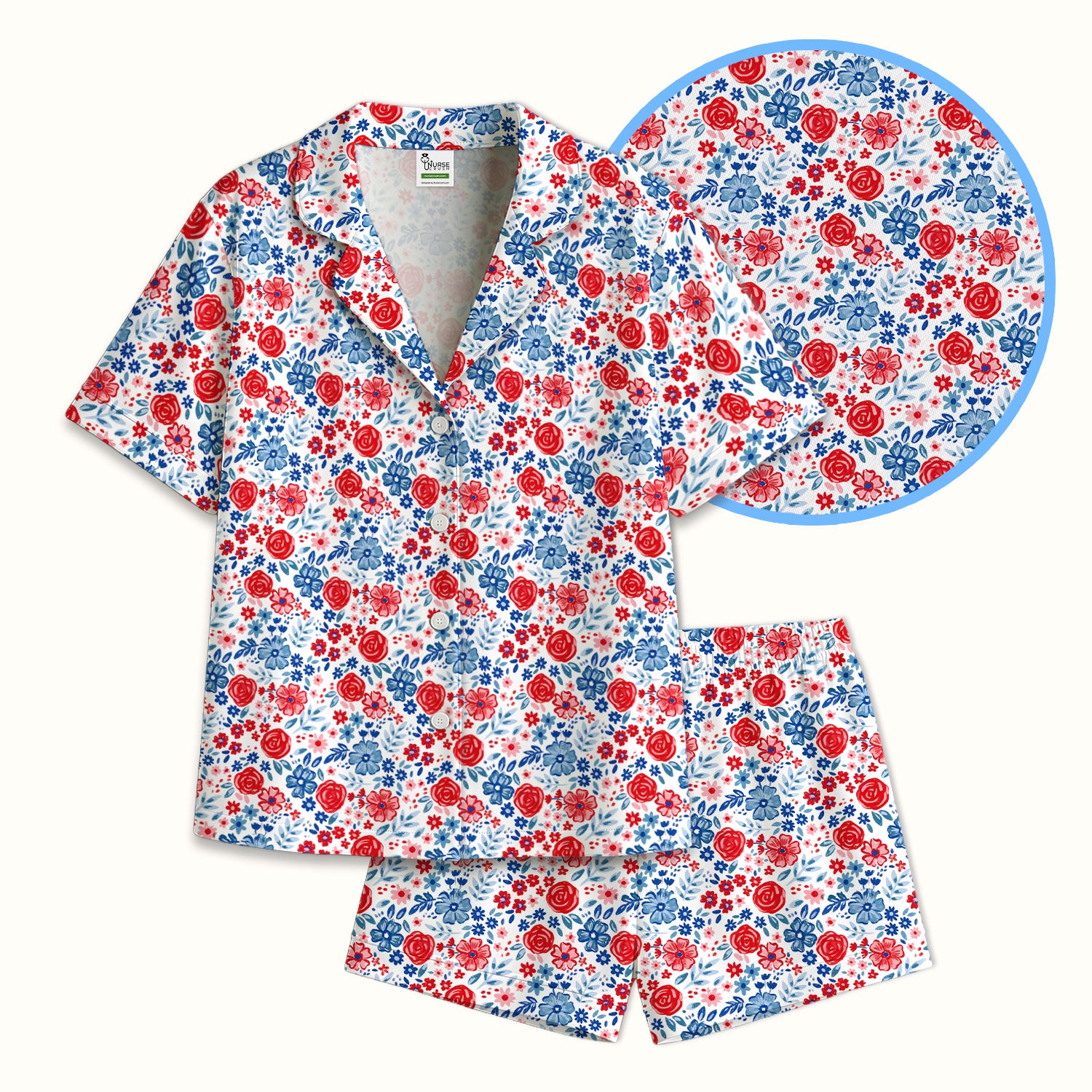 Red Blue Floral Garden Blossom Pattern Pajama Set, Soft Breathable Fabric Comfortable Sleepwear