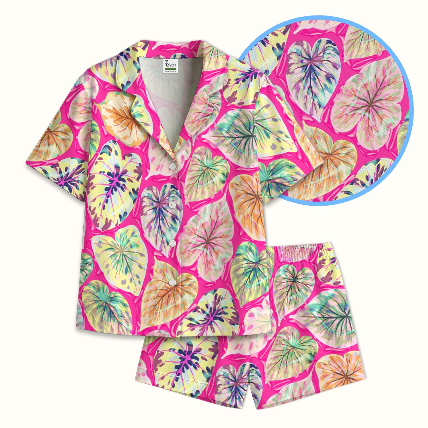 Tropical Colorful Shaped Leaf Nurse Pattern Pajama Set, Soft Breathable Fabric Comfortable Sleepwear
