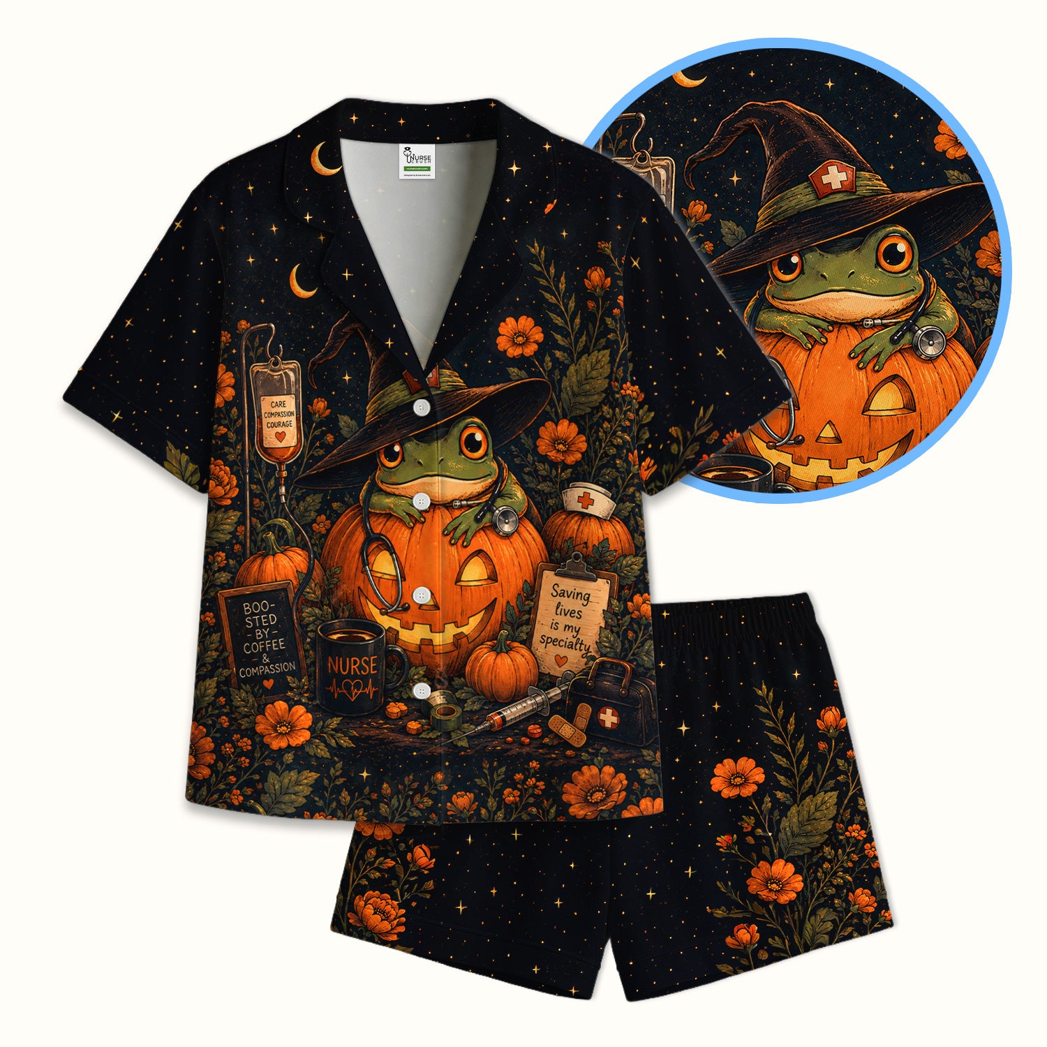 Halloween Witch Frog Pumpkin Pajama Set, Soft Breathable Fabric Comfortable Sleepwear