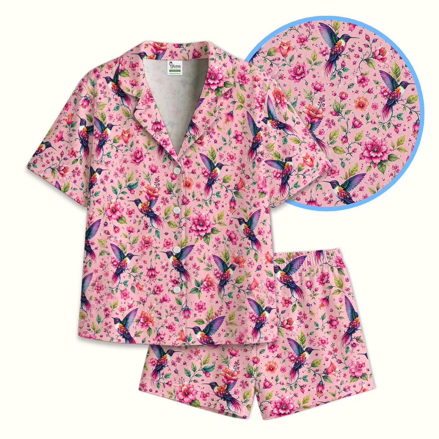 Pink Hummingbird Floral Garden Pattern Pajama Set, Soft Breathable Fabric Comfortable Sleepwear