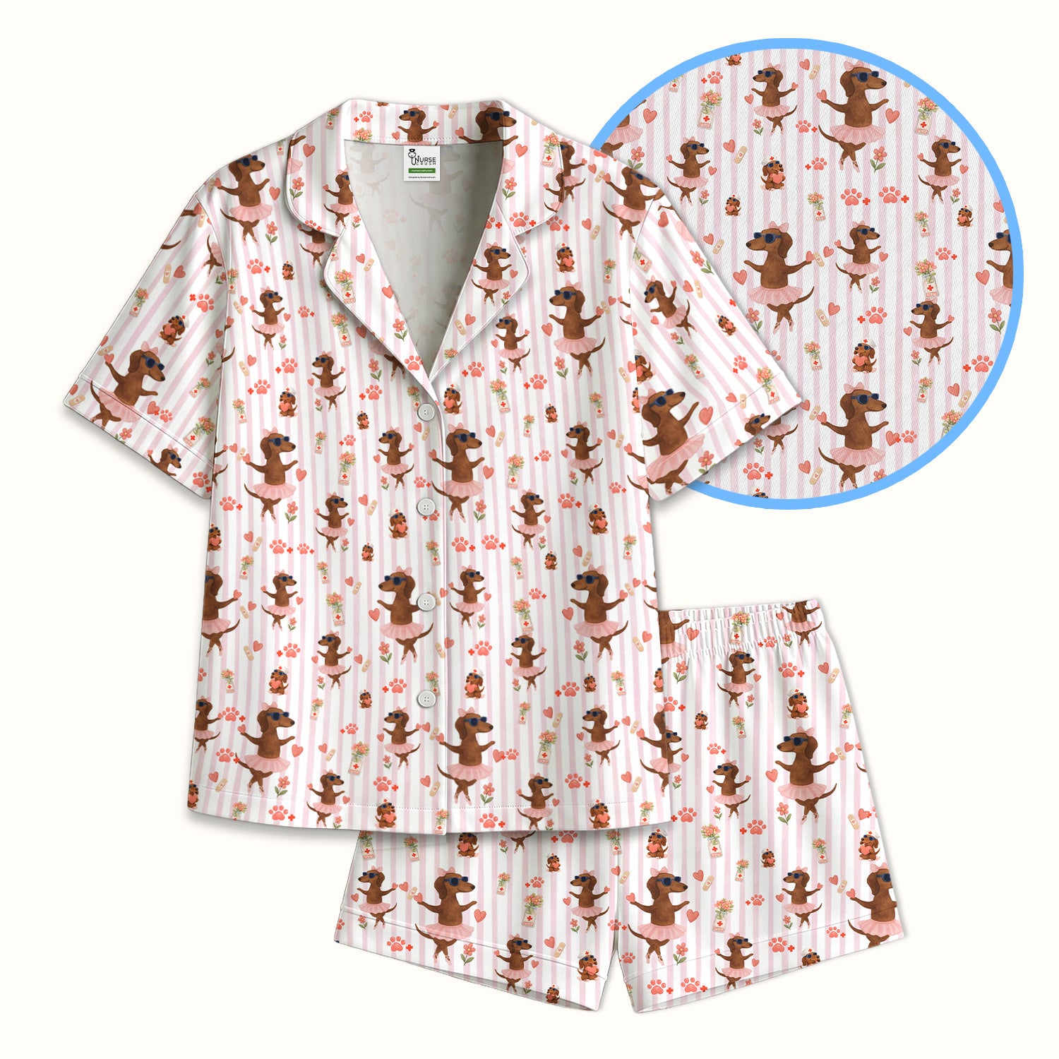 Cute Dachshund Dog Ballet Tutu Hearts Pattern Pajama Set, Soft Breathable Fabric Comfortable Sleepwear