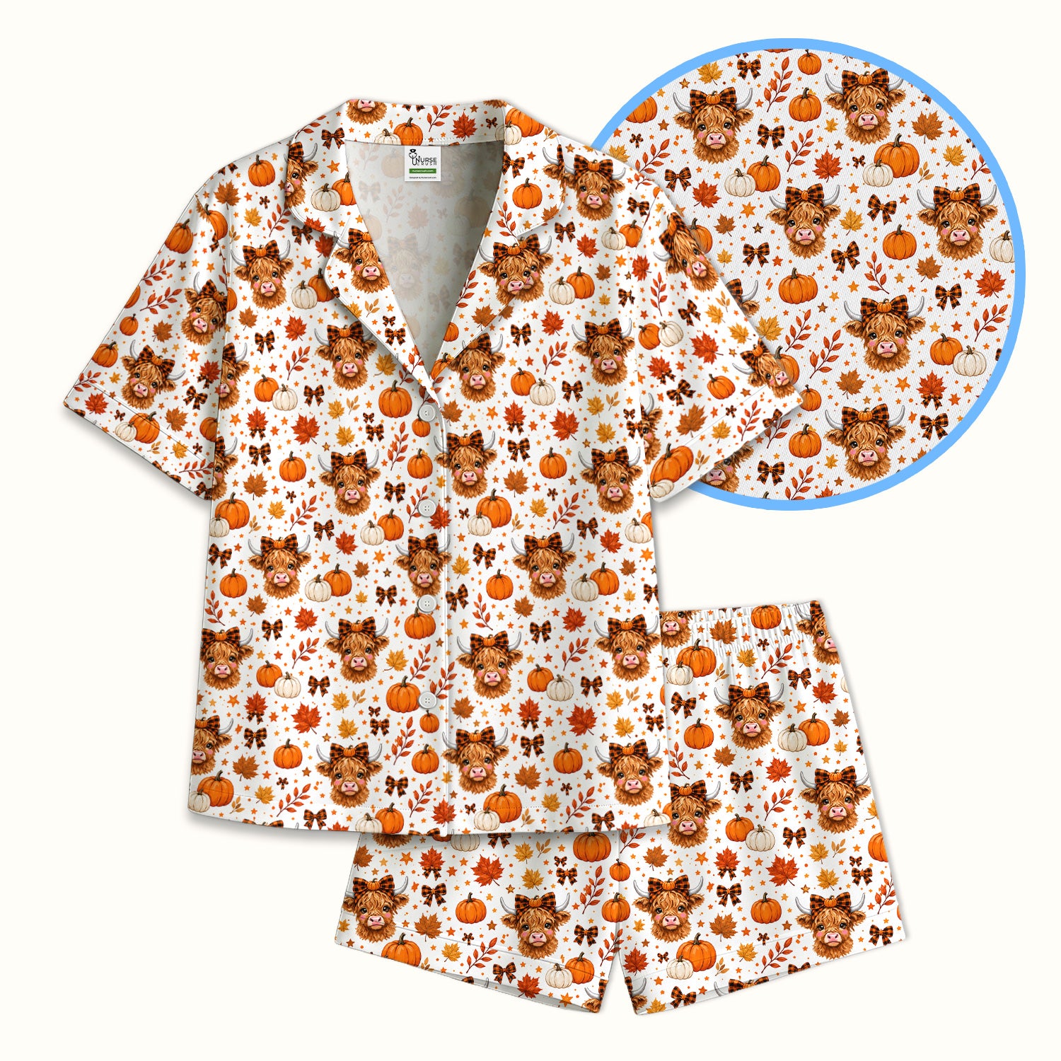 Cute Fall Highland Cow Pajama Set, Soft Breathable Fabric Comfortable Sleepwear