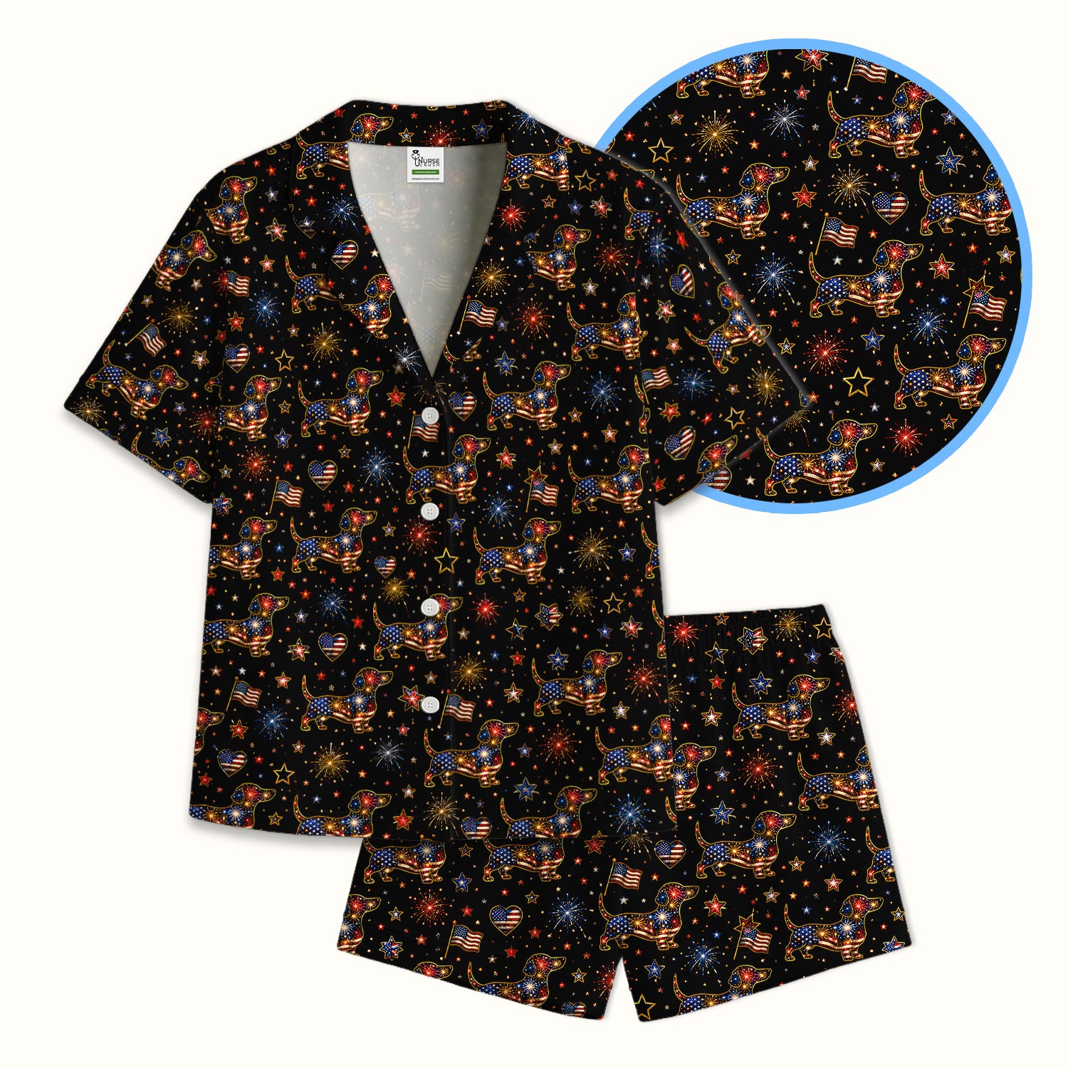 Patriotic Dachshund Nurse for RN & CNA, Fireworks Dog Lover Healthcare Uniform Pajama Set, Soft Breathable Fabric Comfortable Sleepwear