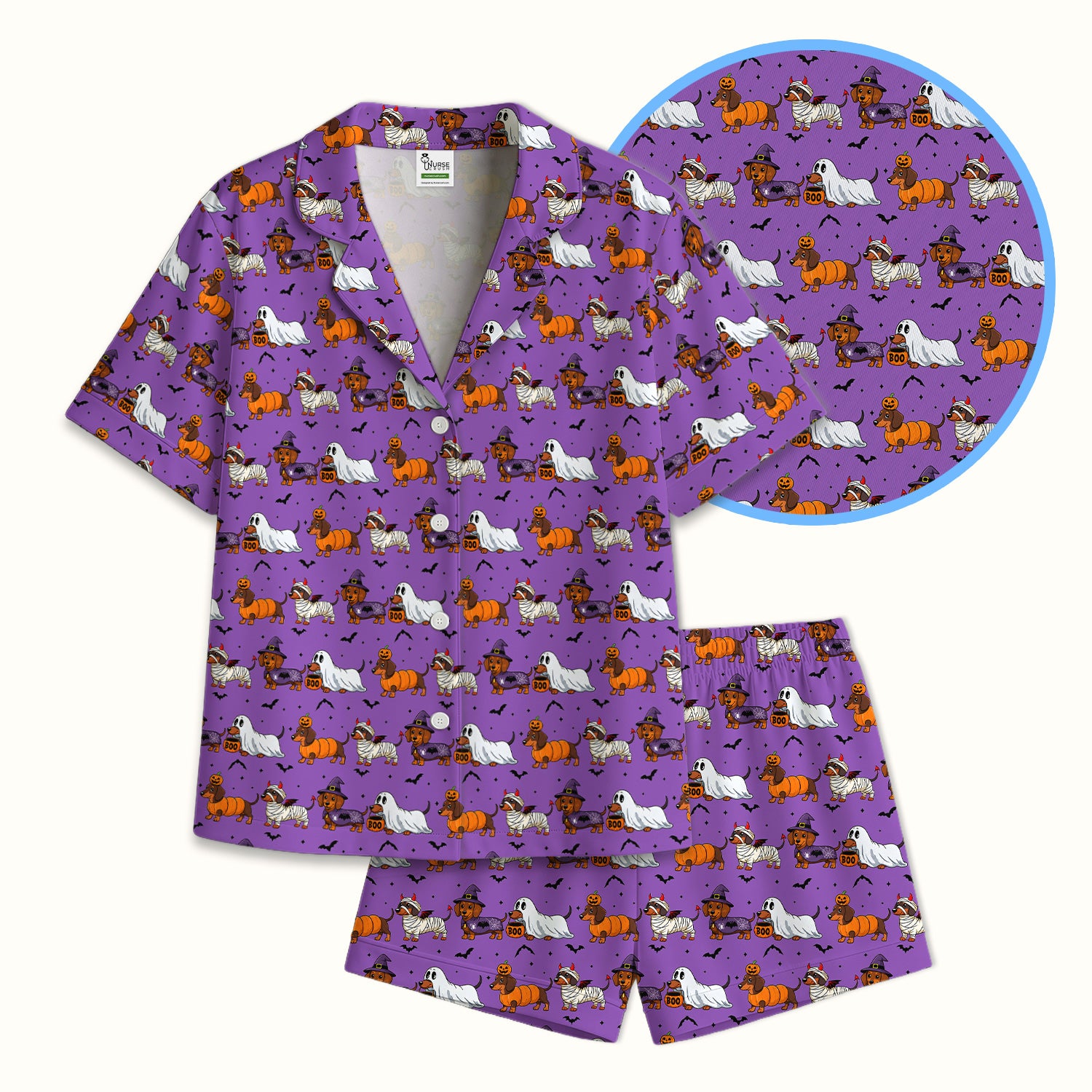 Halloween Dachshund with Bat Pattern Pajama Set, Soft Breathable Fabric Comfortable Sleepwear