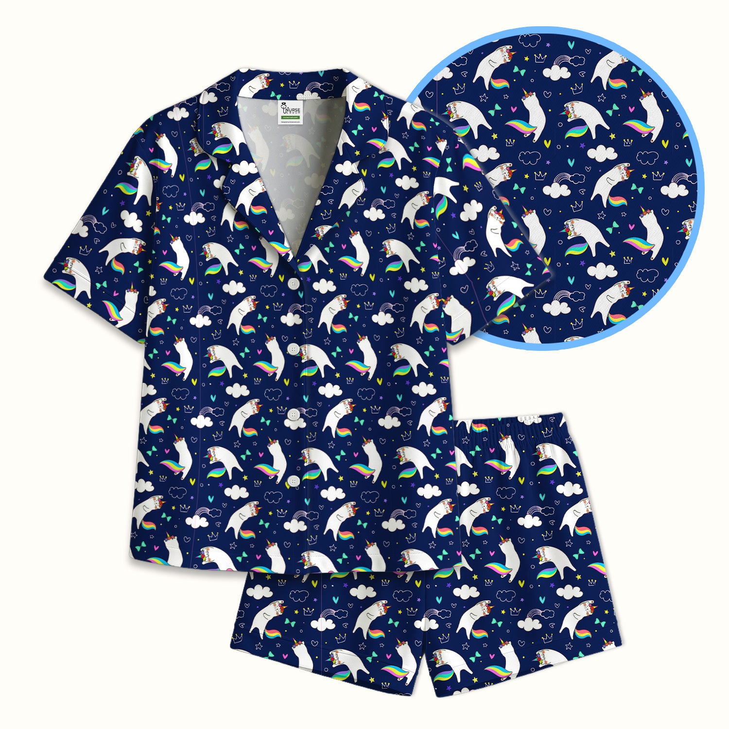 Unicorn Cat With Rainbow Tail Clouds Pajama Set, Soft Breathable Fabric Comfortable Sleepwear