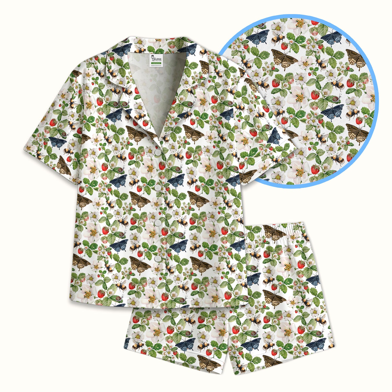 Charming Strawberry Butterfly Garden Pattern Pajama Set, Soft Breathable Fabric Comfortable Sleepwear
