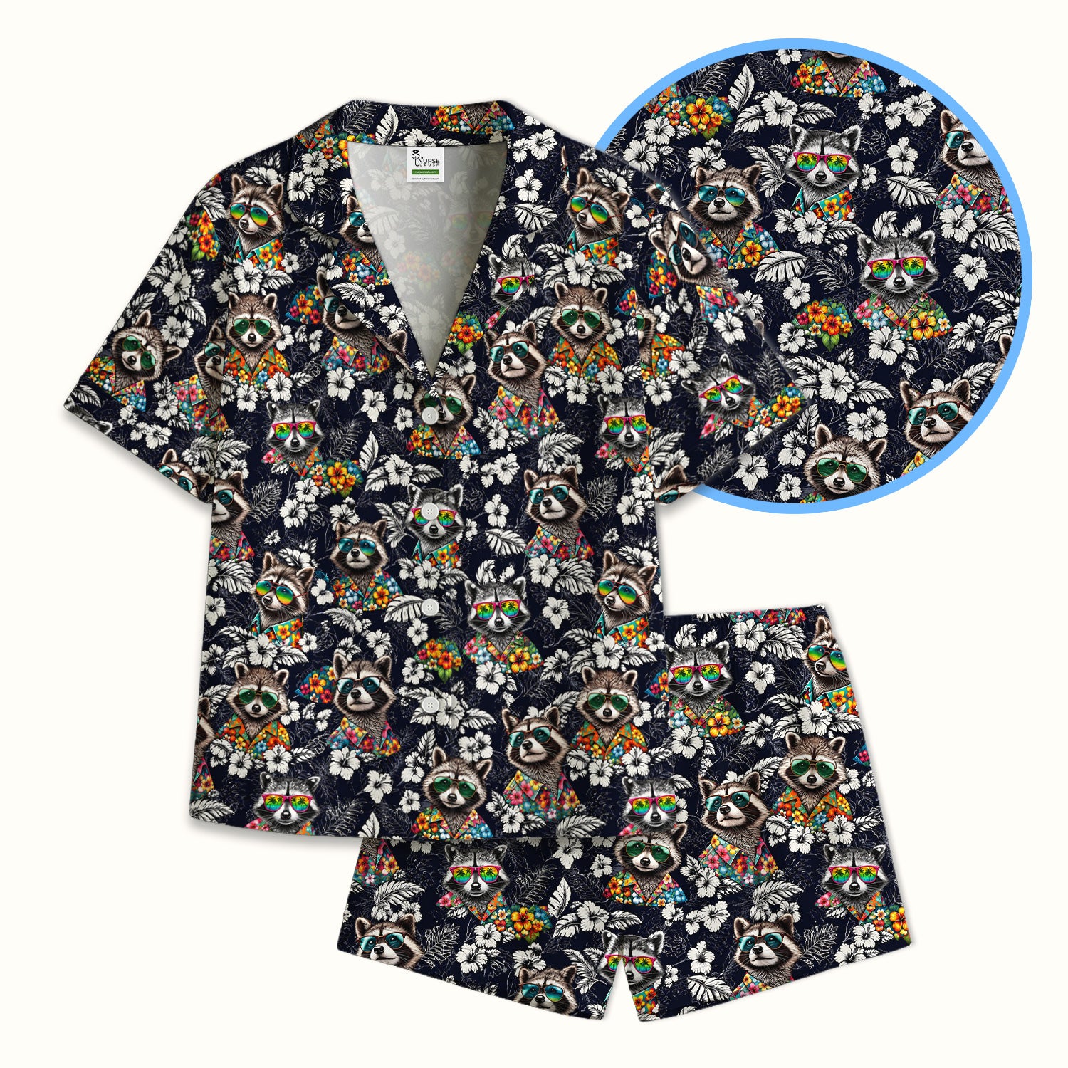 Tropical Raccoon Floral Pattern Pajama Set, Soft Breathable Fabric Comfortable Sleepwear