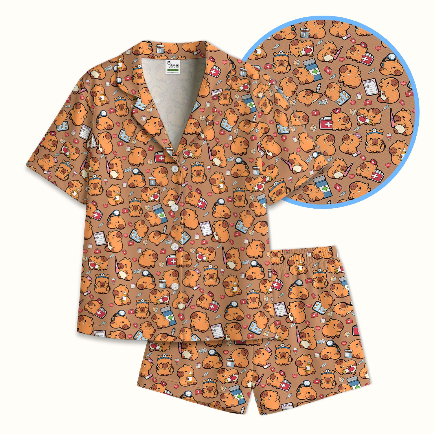 Capybara With Stethoscope And Medical Tools Seamless Pajama Set, Breathable Fabrics Uniform