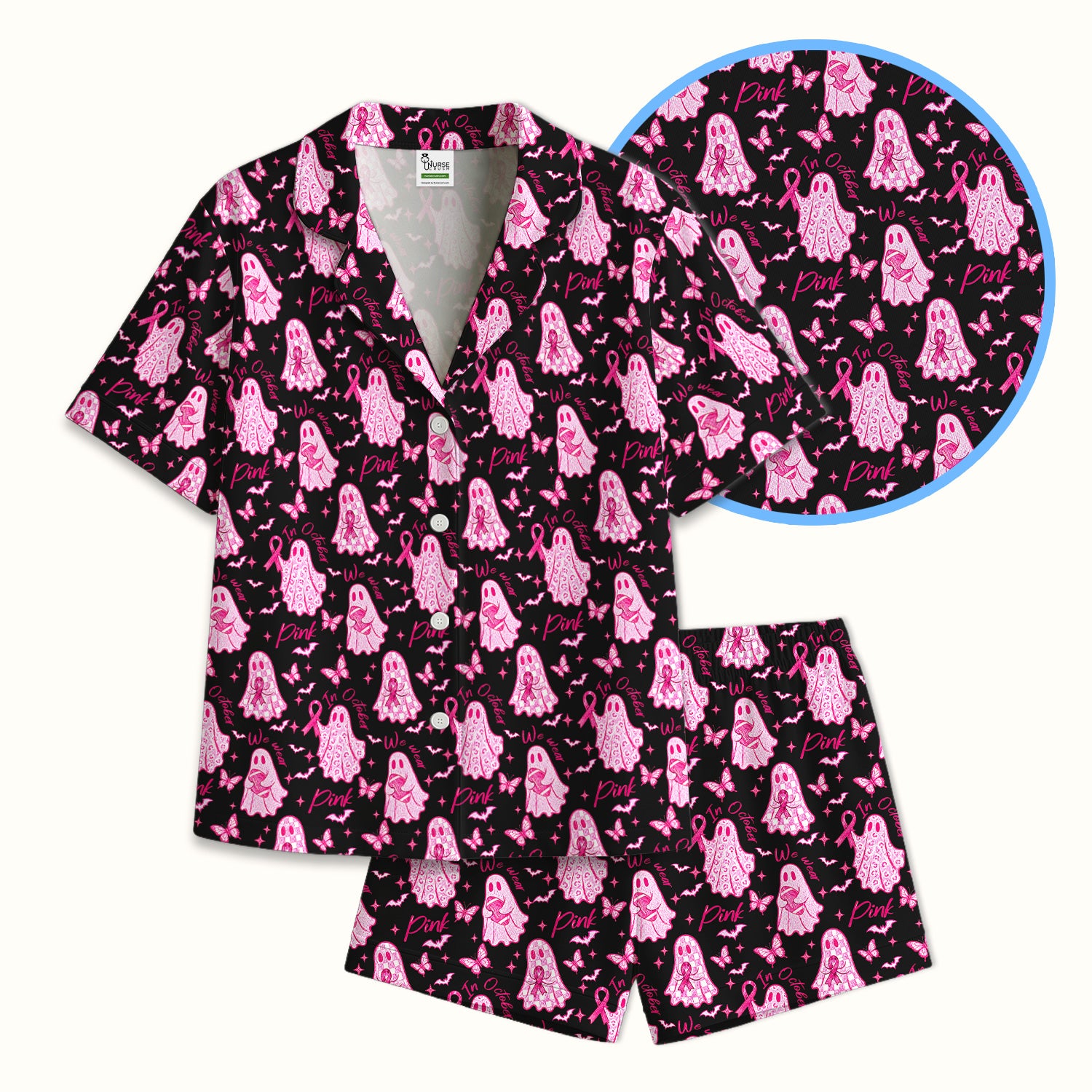 Pink Ribbon Ghost Pajama Set, Soft Breathable Fabric Comfortable Sleepwear