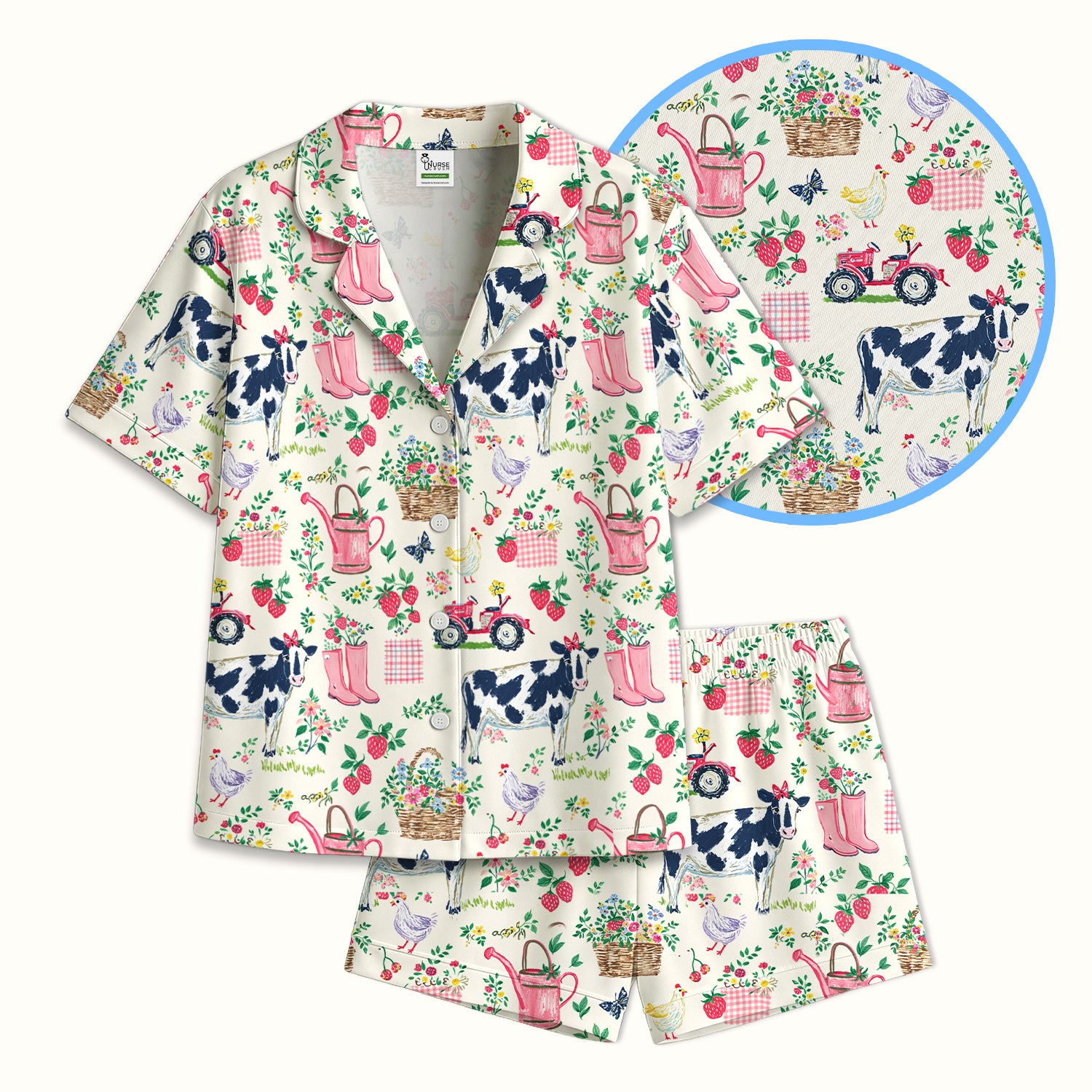 Strawberry Cow Country Style Pajama Set, Breathable Fabrics Uniform