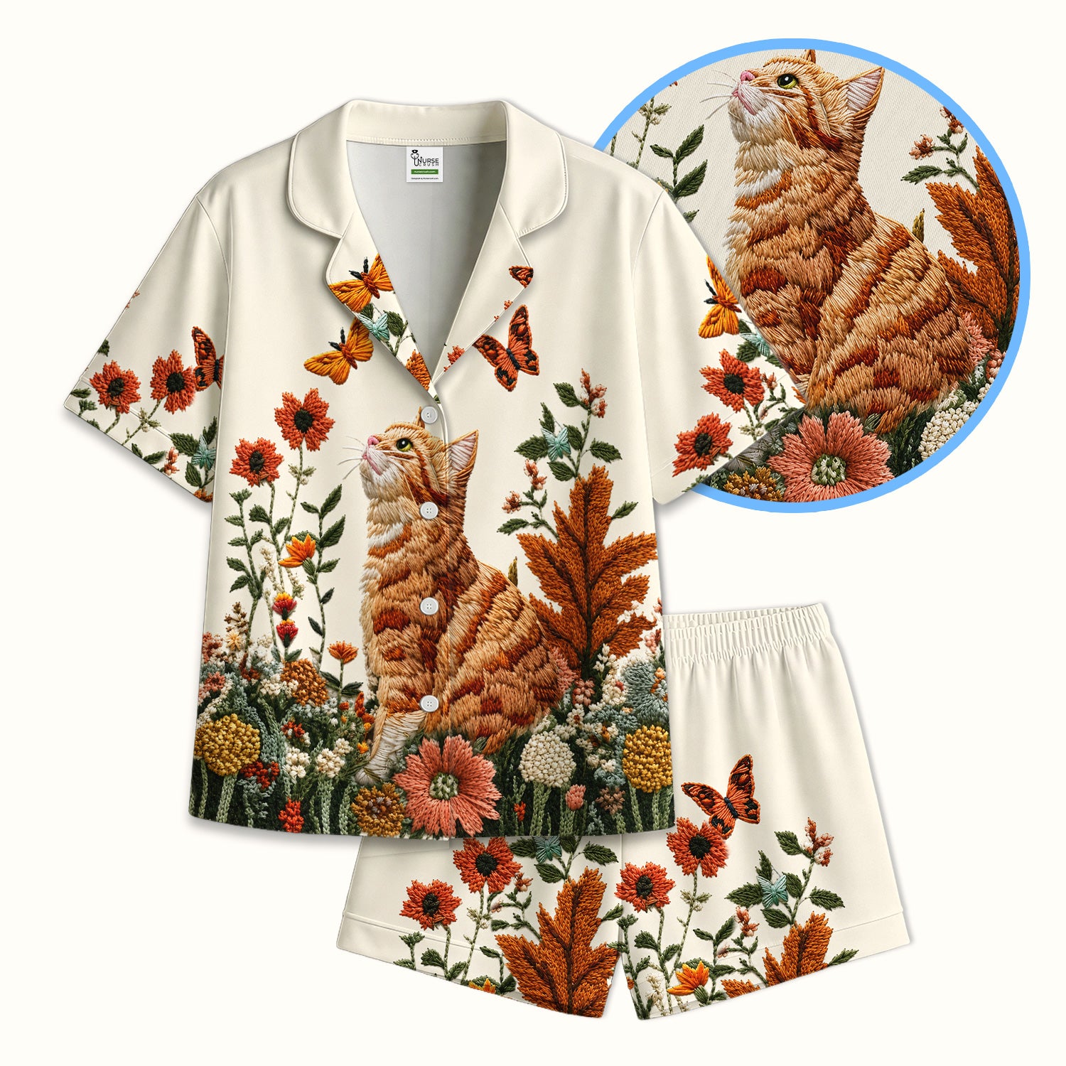 Embroidered Orange Cat Wildflower Pattern Pajama Set, Soft Breathable Fabric Comfortable Sleepwear