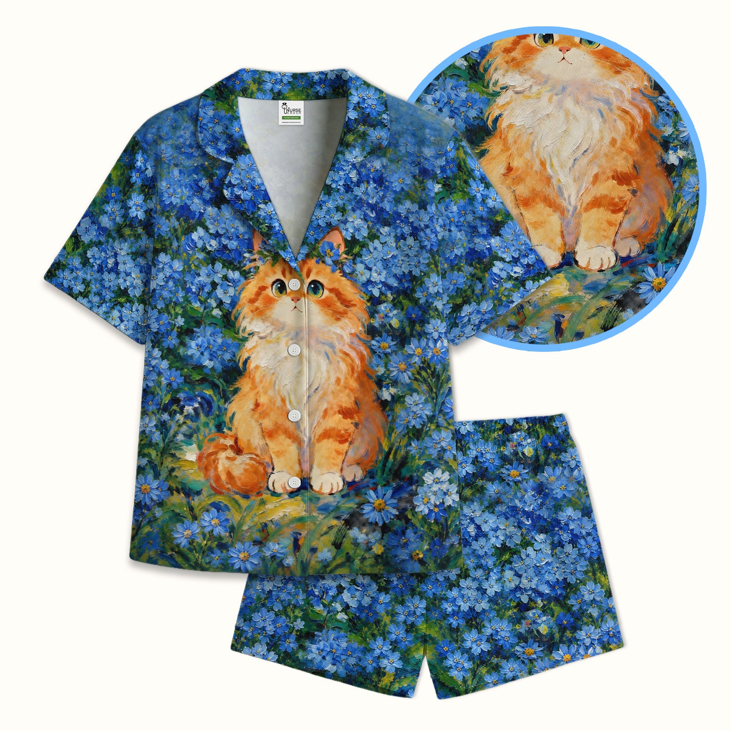 Cute Blue Floral Cat Pattern Pajama Set, Soft Breathable Fabric Comfortable Sleepwear