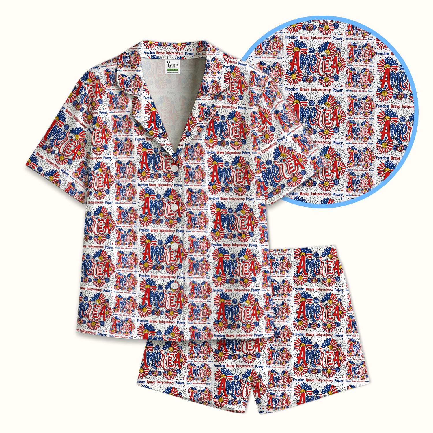 Patriotic America Floral Fireworks Pattern Pajama Set, Soft Breathable Fabric Comfortable Sleepwear