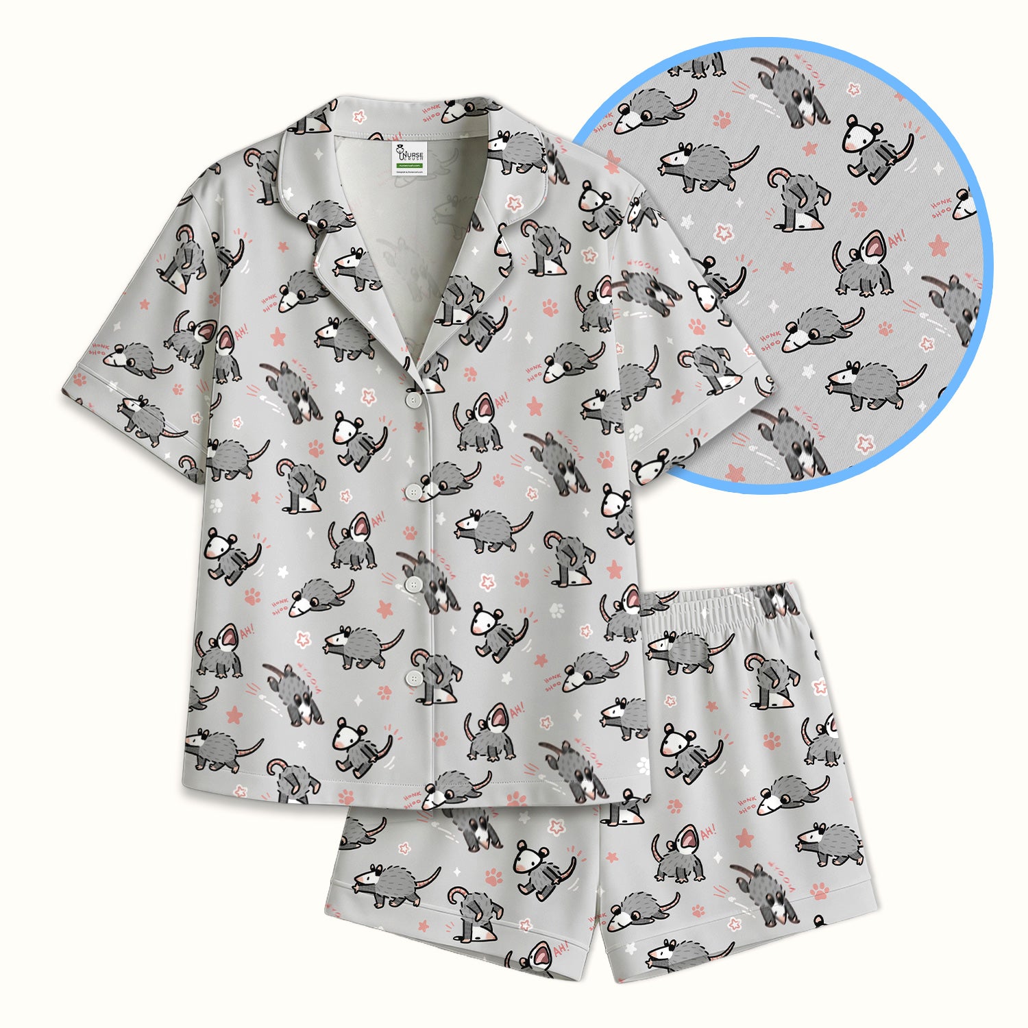 Playful Cartoon Opossum Character Pattern Pajama Set, Breathable Fabrics Uniform