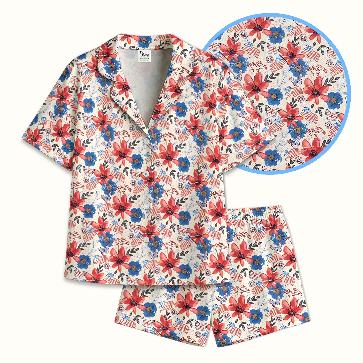 Patriotic Wildflower Flag Butterfly Pattern Pajama Set, Soft Breathable Fabric Comfortable Sleepwear