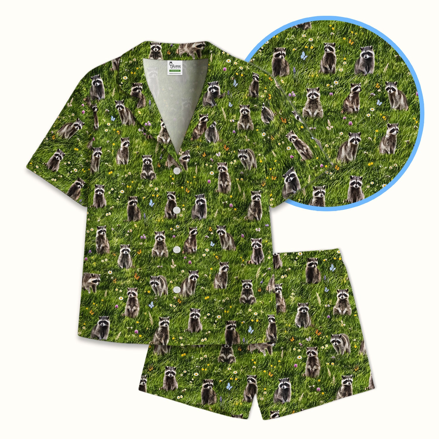 Raccoon Meadow Print Pajama Set, Soft Breathable Fabric Comfortable Sleepwear