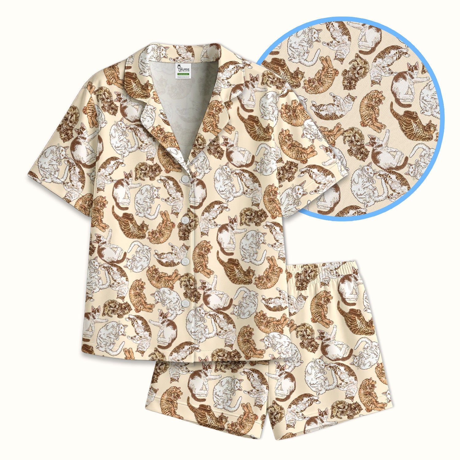 Cute Lazy Cat Nap Pattern Pajama Set,  Breathable Fabrics Uniform