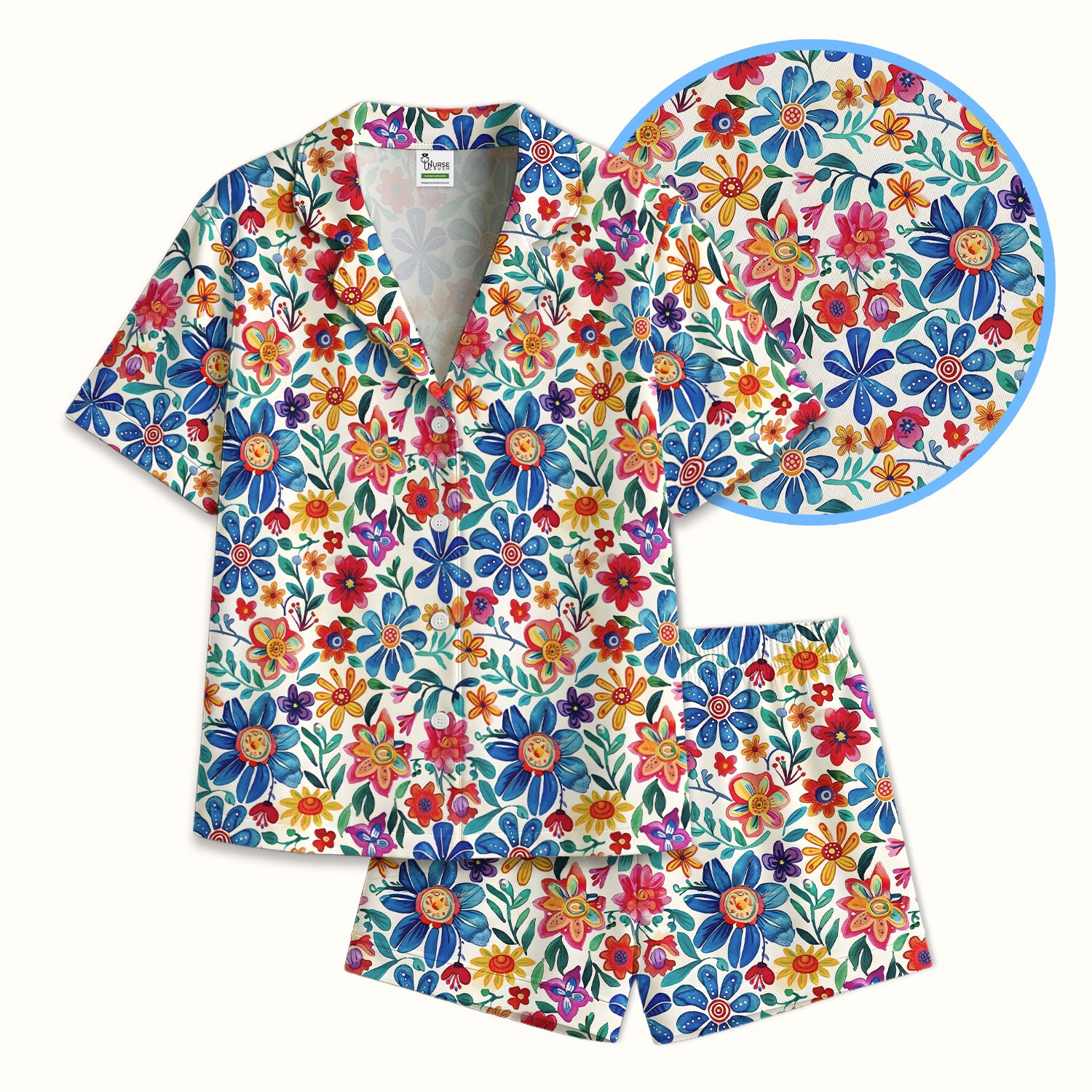 Colorful Folk Floral Print Pajama Set, Soft Breathable Fabric Comfortable Sleepwear