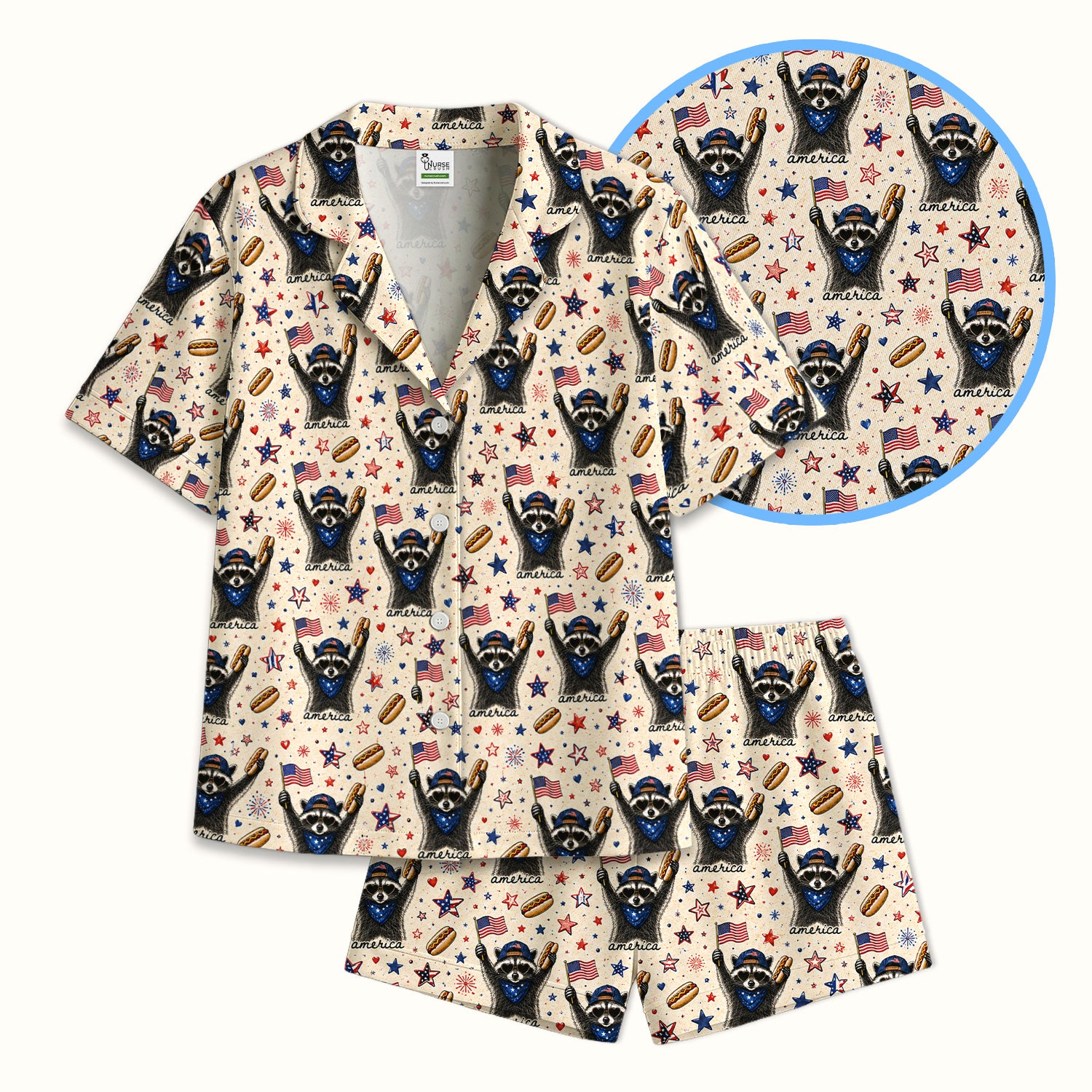 Patriotic Raccoon America Hotdog Pattern Pajama Set, Soft Breathable Fabric Comfortable Sleepwear