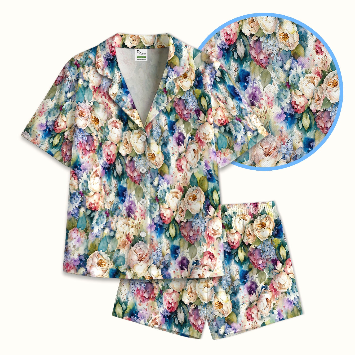 Watercolor Peony Hydrangea Floral Print Pajama Set, Soft Breathable Fabric Comfortable Sleepwear