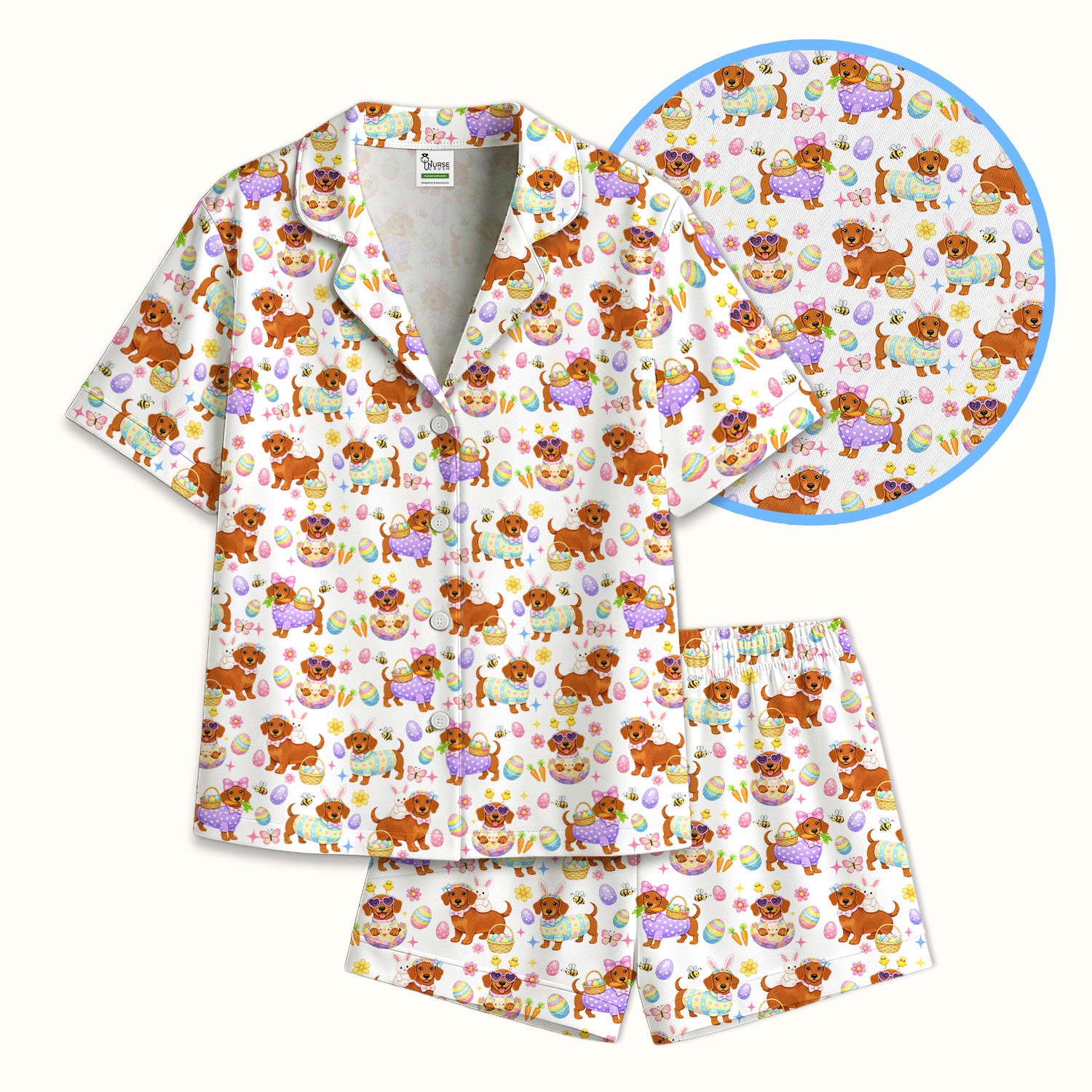 Cute Easter Dachshund Dog Pattern Pajama Set, Breathable Fabrics Uniform