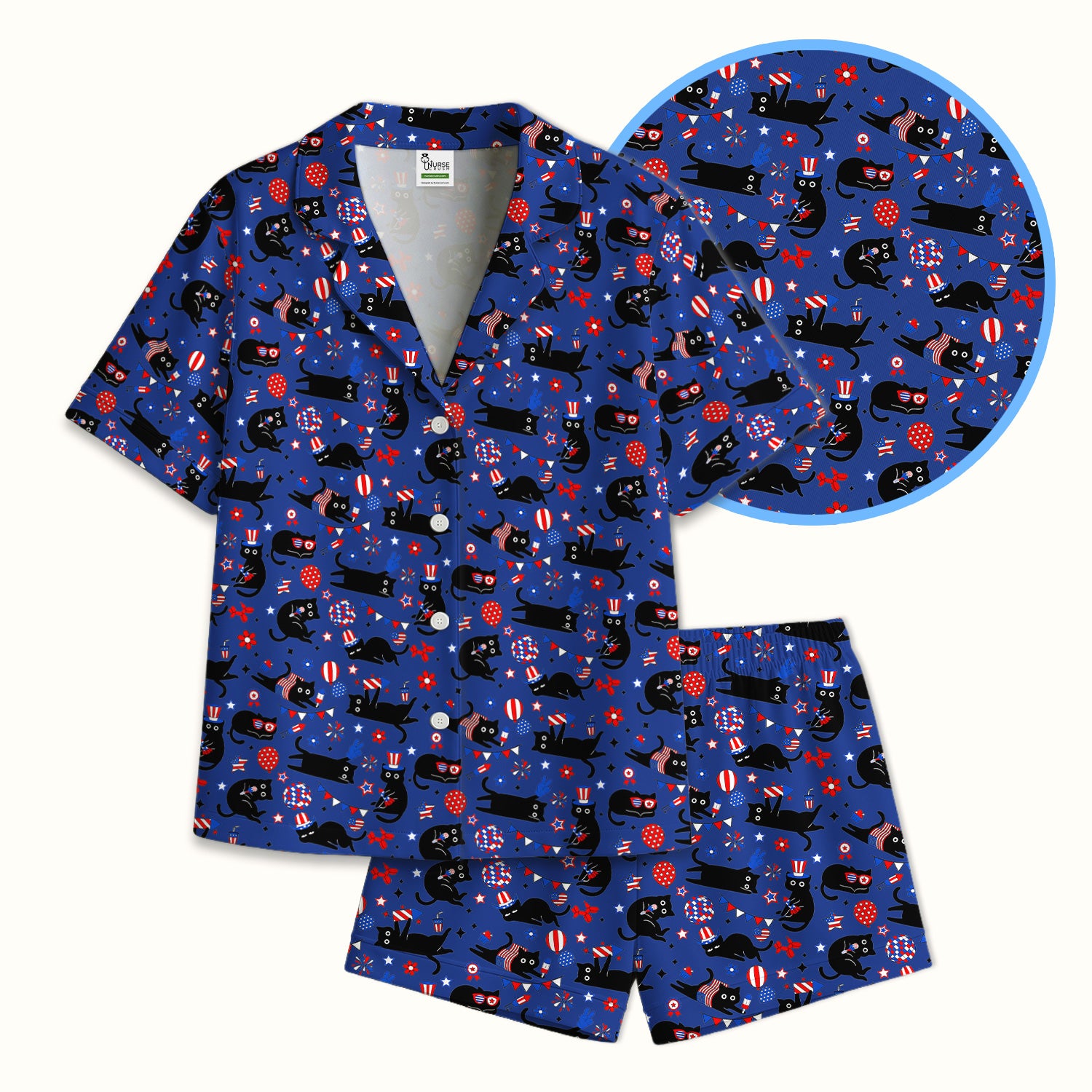 Patriotic Black Cat Pattern Pajama Set, Soft Breathable Fabric Comfortable Sleepwear