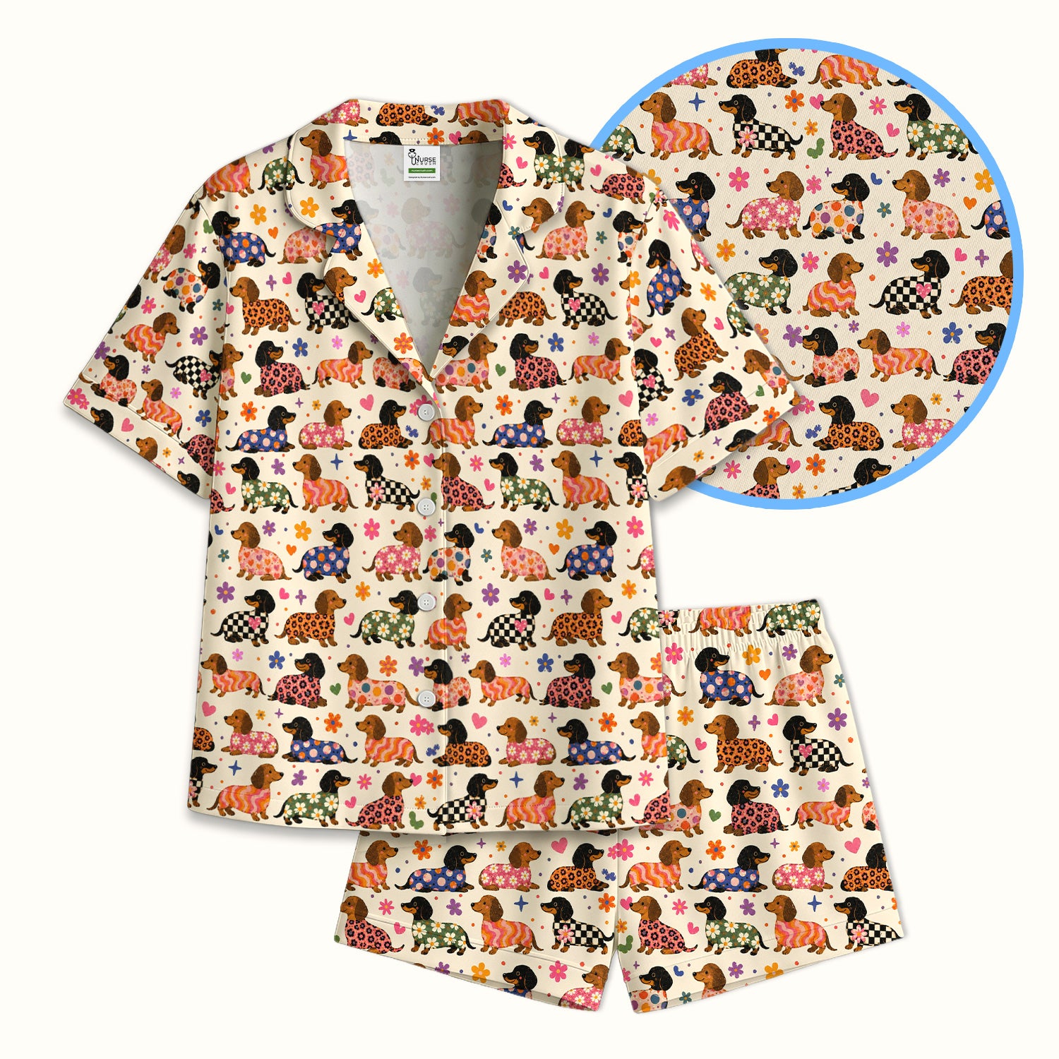 Floral Dachshund Print Pajama Set, Soft Breathable Fabric Comfortable Sleepwear