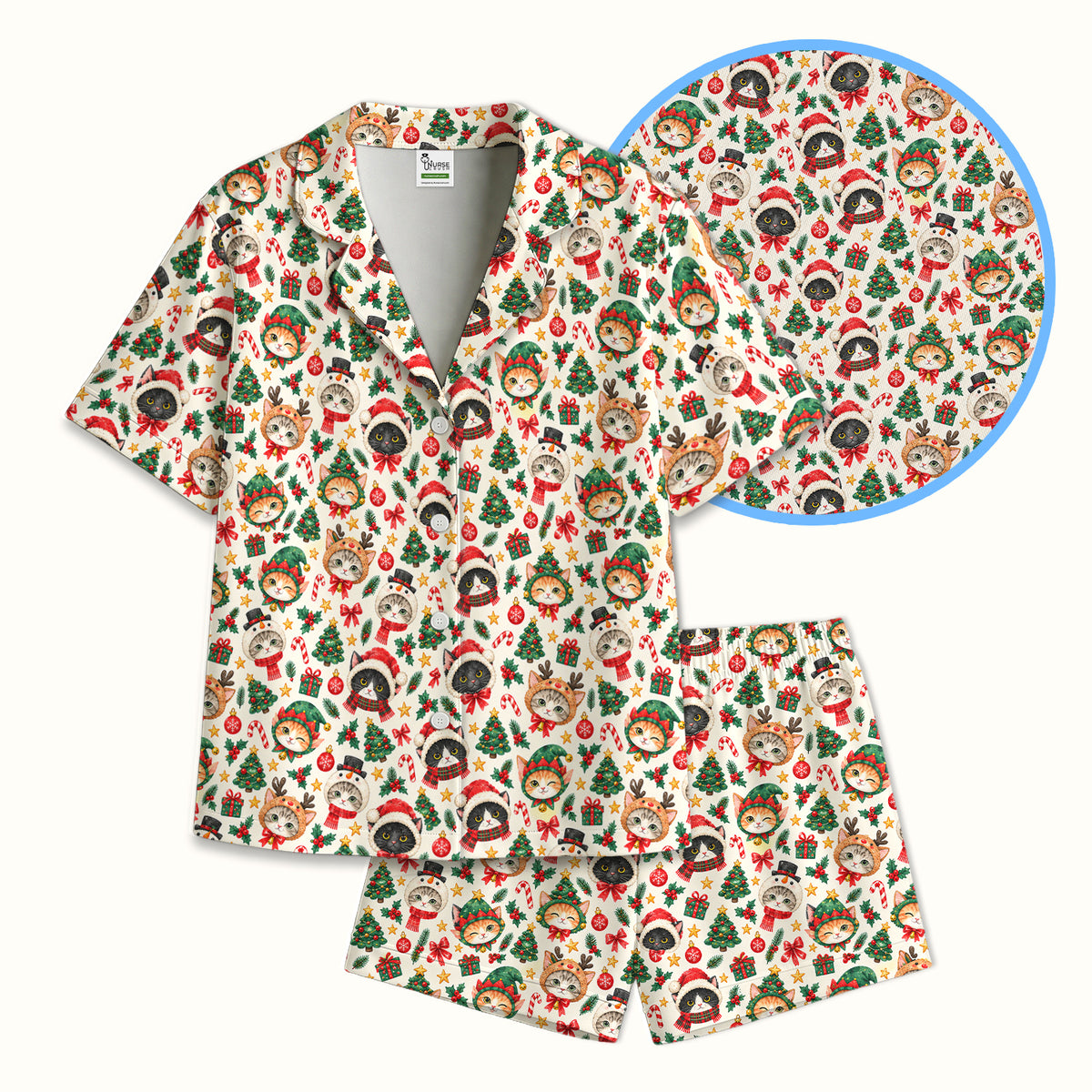 Christmas Cats And Trees Pattern Pajama Set, Breathable Fabrics Uniform