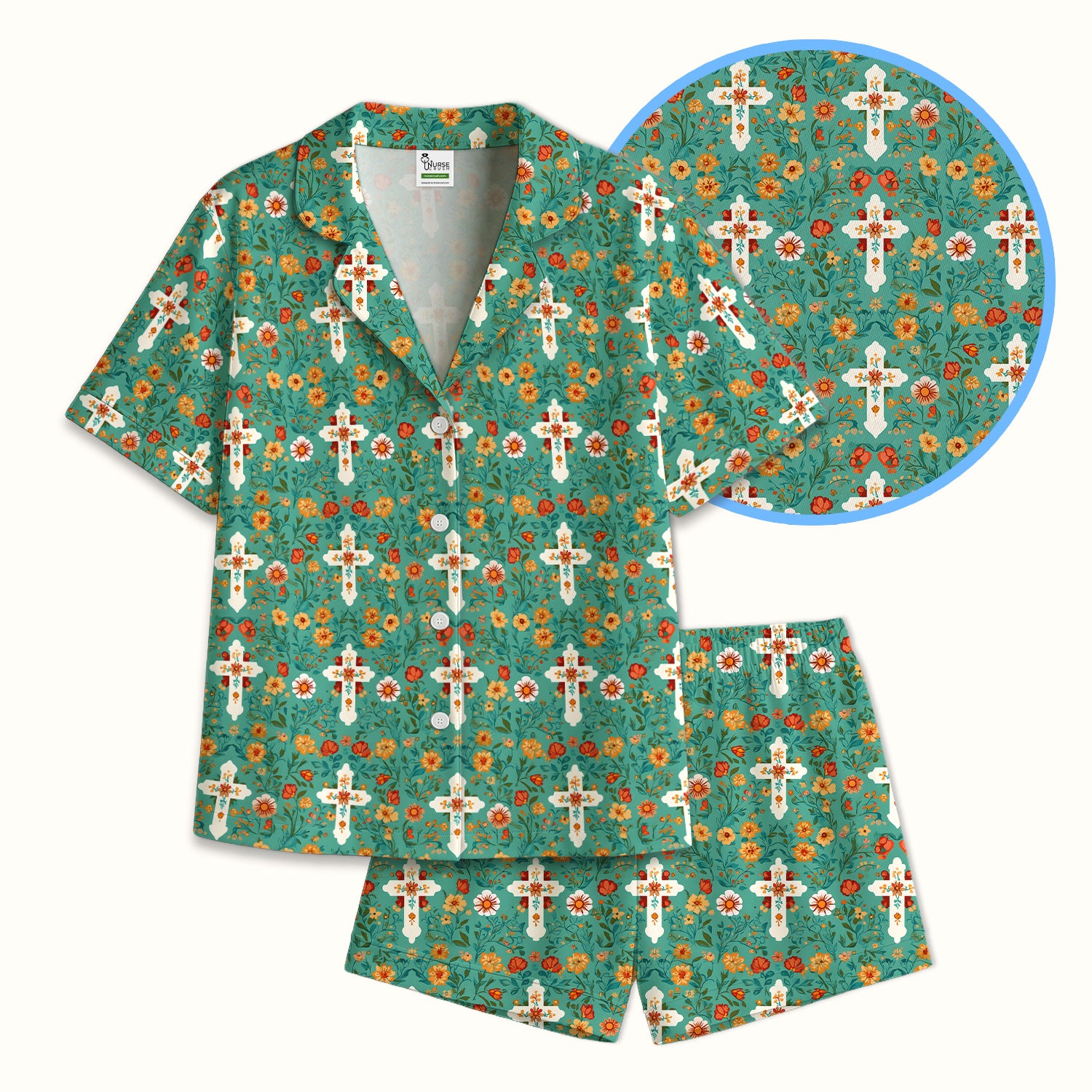 Christian Faith Floral Cross Pattern Pajama Set, Soft Breathable Fabric Comfortable Sleepwear