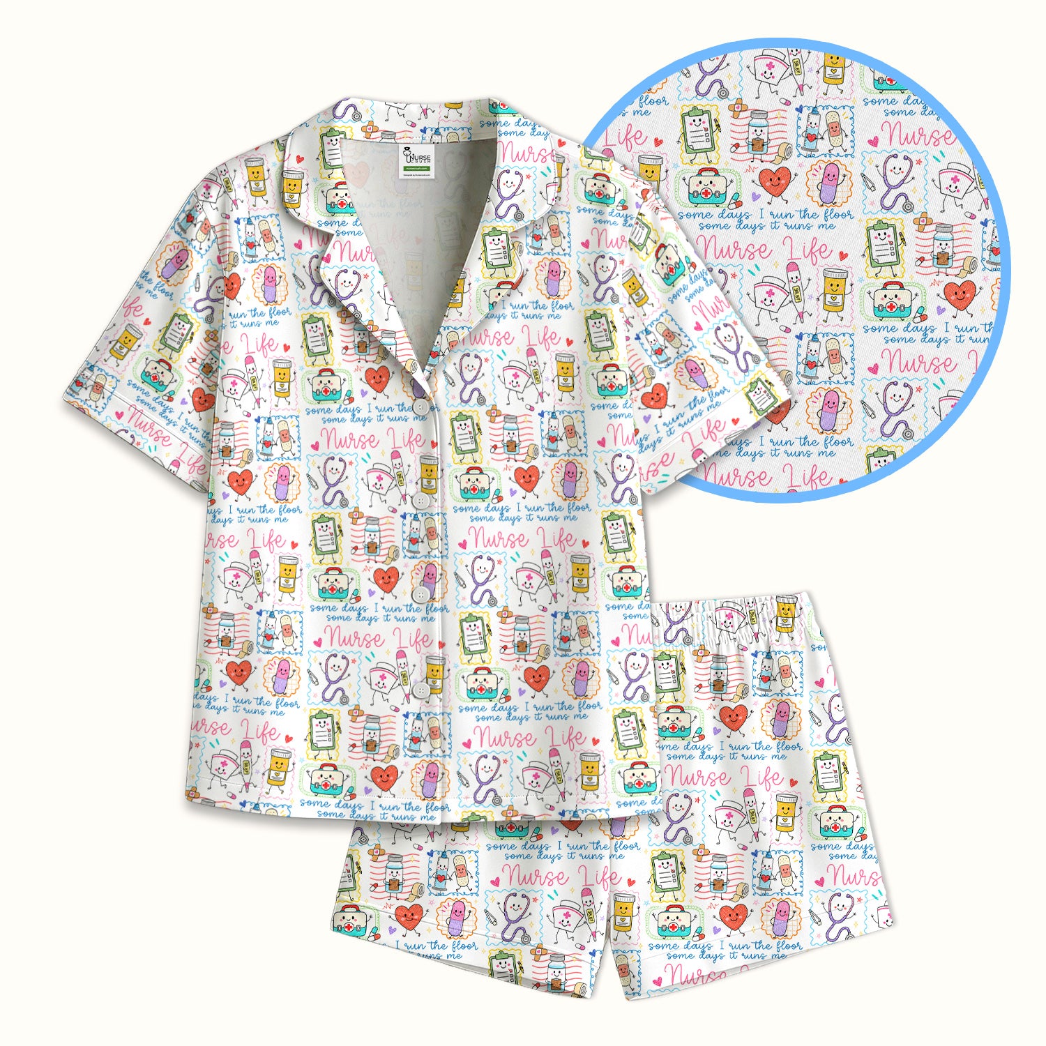 Cute Nurse Life Doodle Pediatric Nurse Pajama Set, Soft Breathable Fabric Comfortable Sleepwear