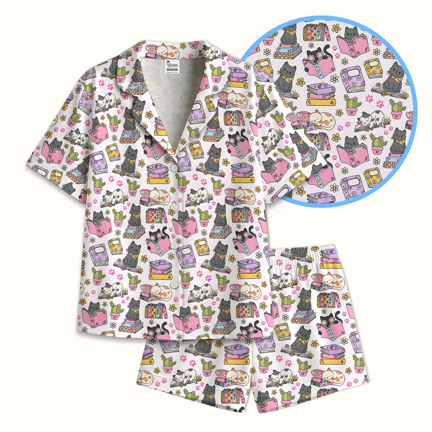 Cute Cat Book Cactus Seamless Pattern Pajama Set, Soft Breathable Fabric Comfortable Sleepwear