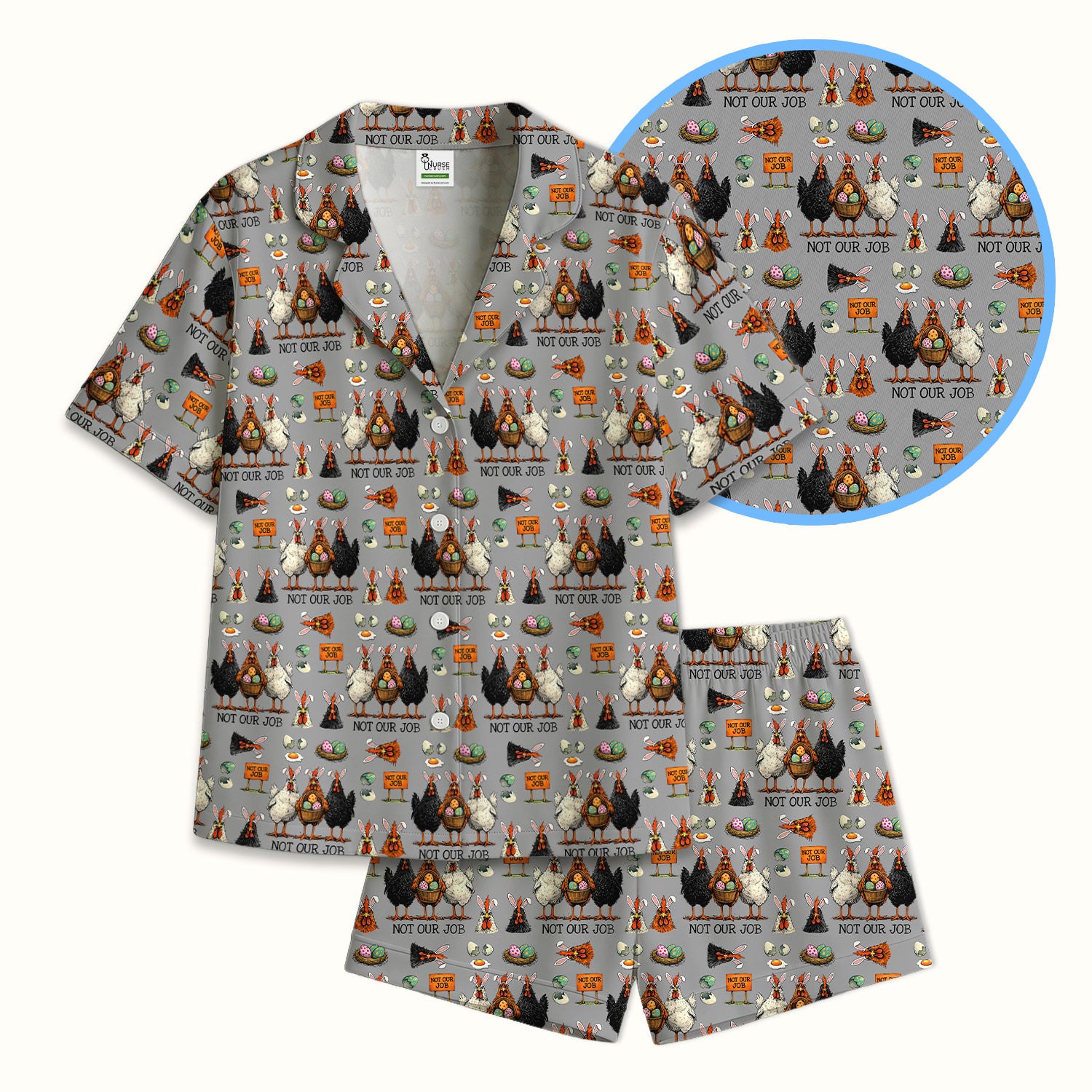 Funny Easter Chicken Humor Pattern Pajama Set, Breathable Fabrics Uniform