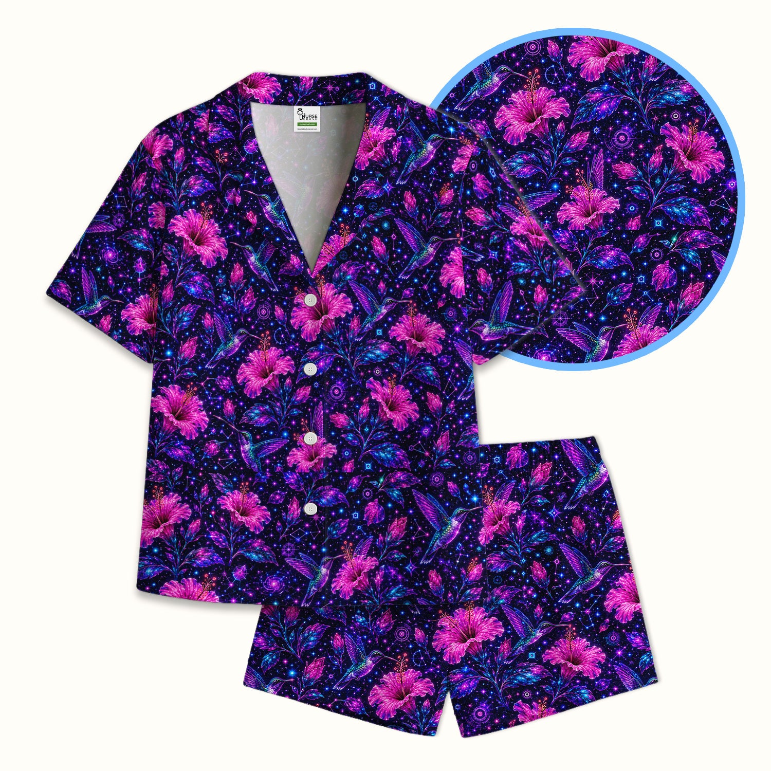 Galaxy Floral Hummingbird Nurse Pattern Pajama Set, Soft Breathable Fabric Comfortable Sleepwear