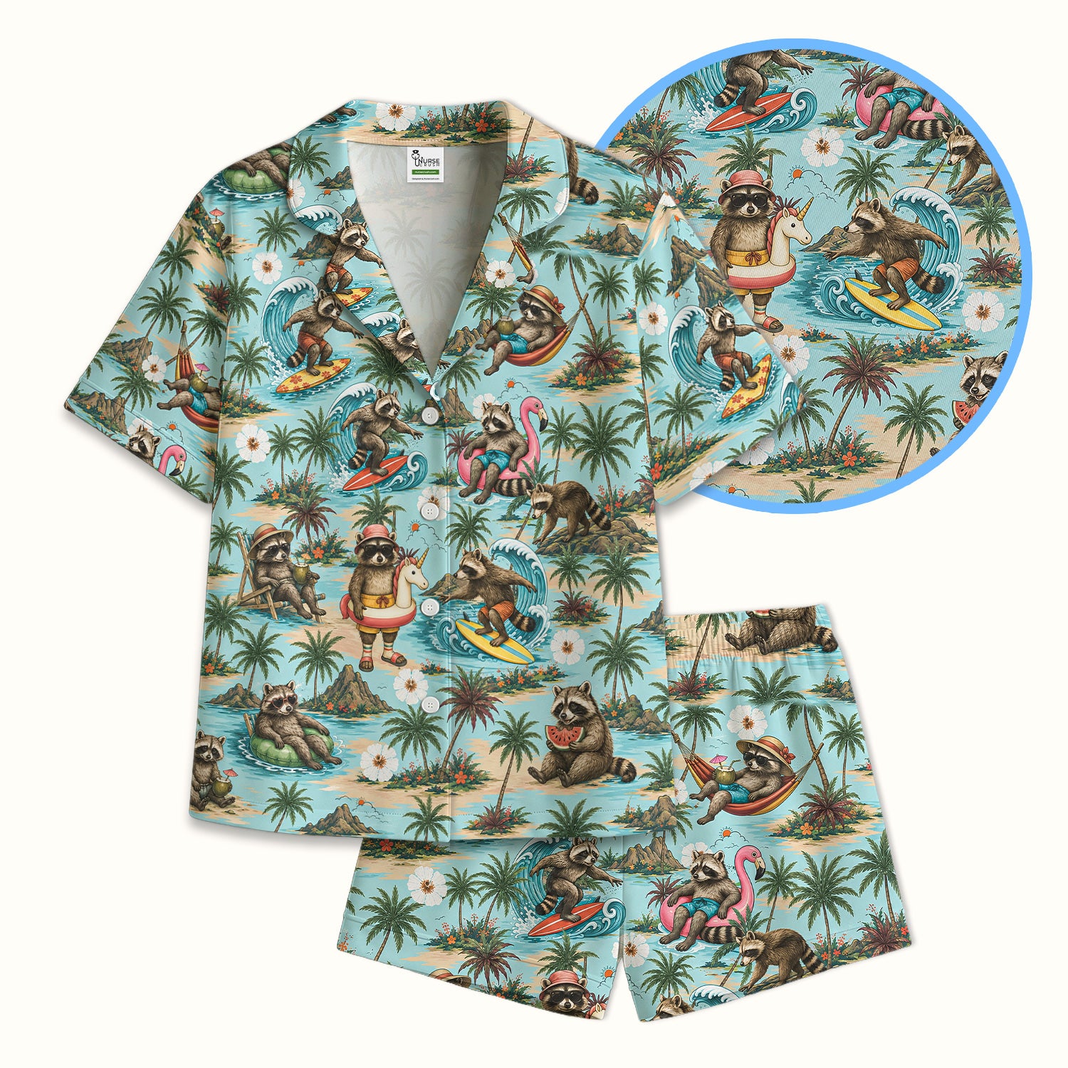 Tropical Raccoon with Surfing Island Beach Print Pajama Set, Soft Breathable Fabric Comfortable Sleepwear